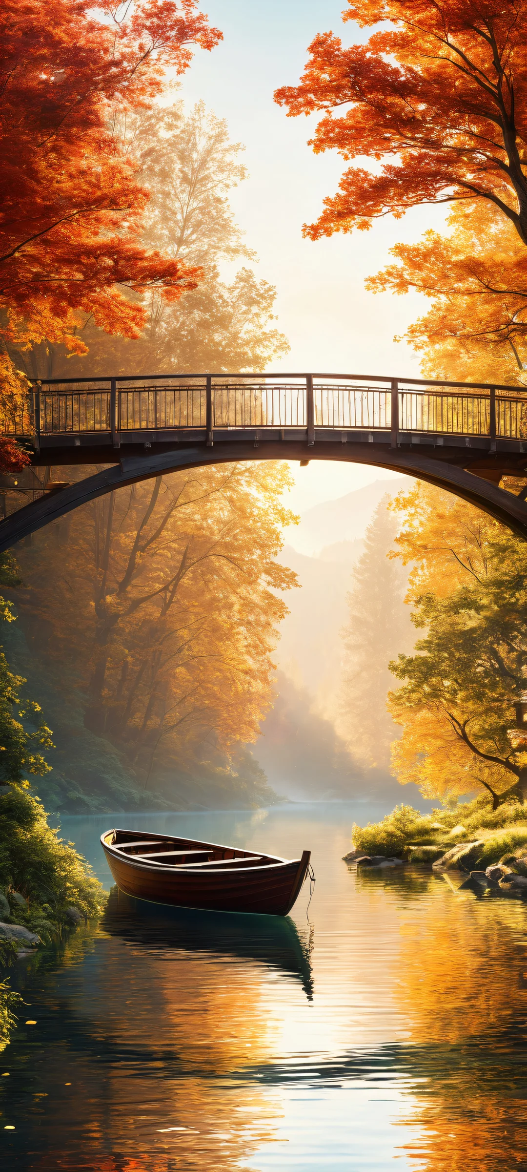 iPhone and Android users will love this breathtaking portrait artwork featuring a serene landscape with a majestic bridge and boat. Perfekt optimiert für Startbildschirme.