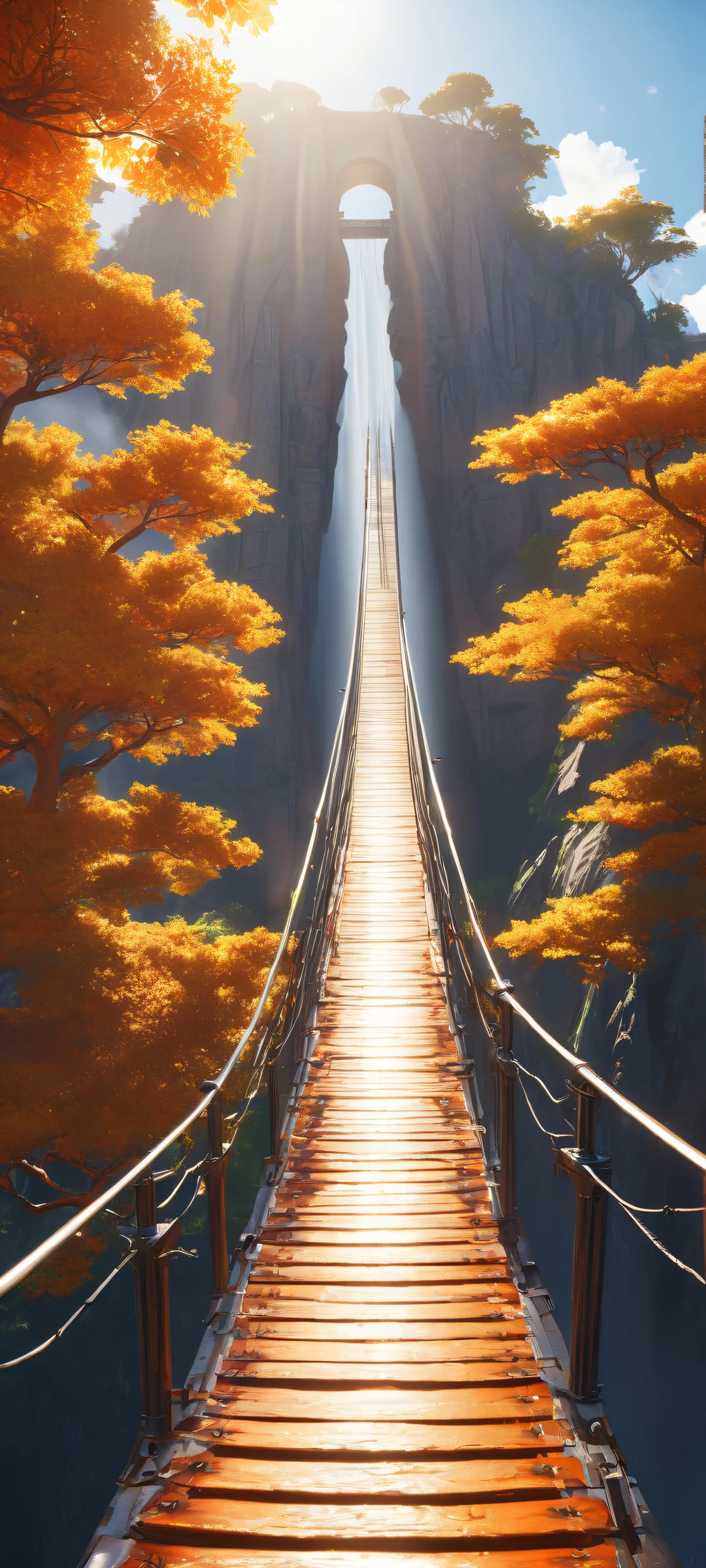 A majestic bridge in a breathtaking video game-inspired landscape, reflecting iPhone/Android sunlight and casting a warm glow.