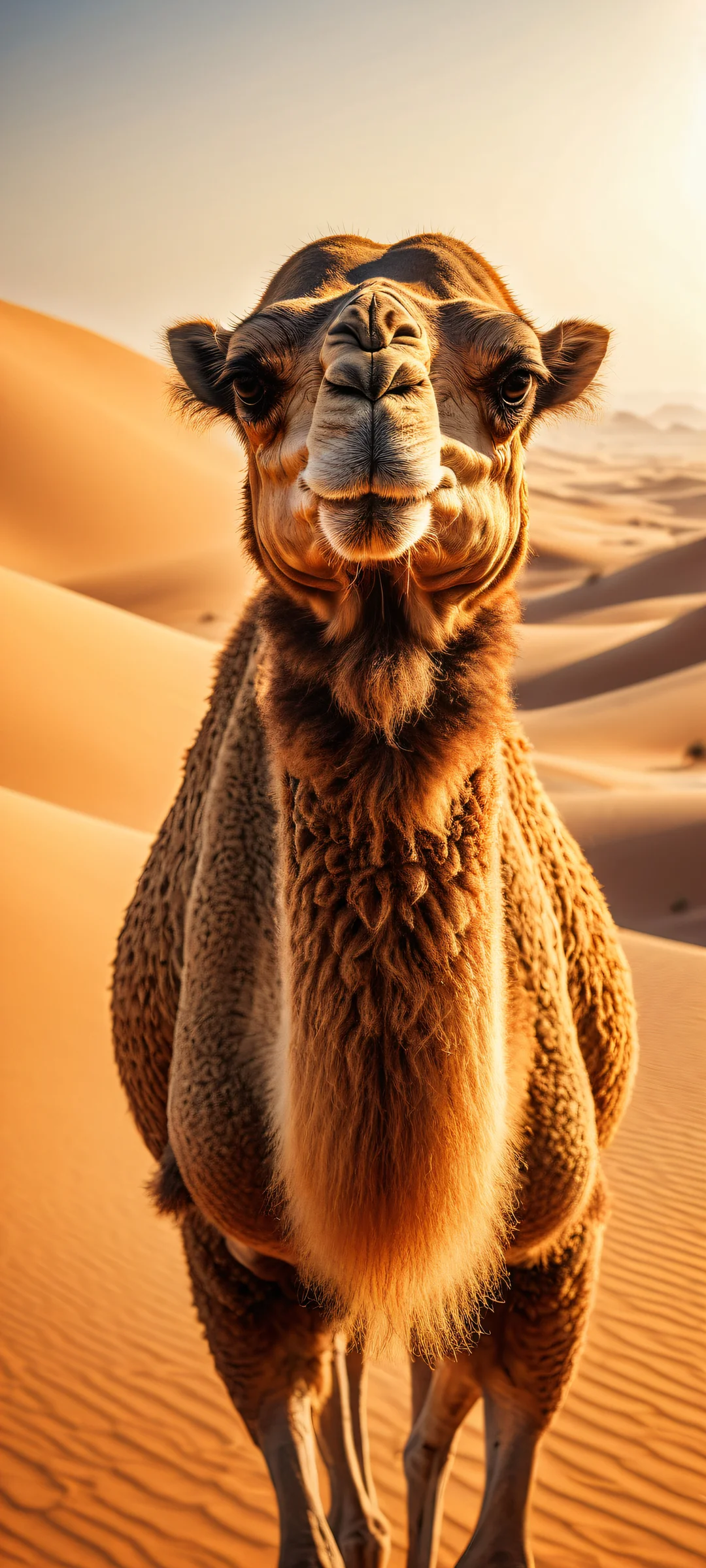 Scowling camel with intense facial features on a golden sand dunescape for iPhone/Android wallpapers.