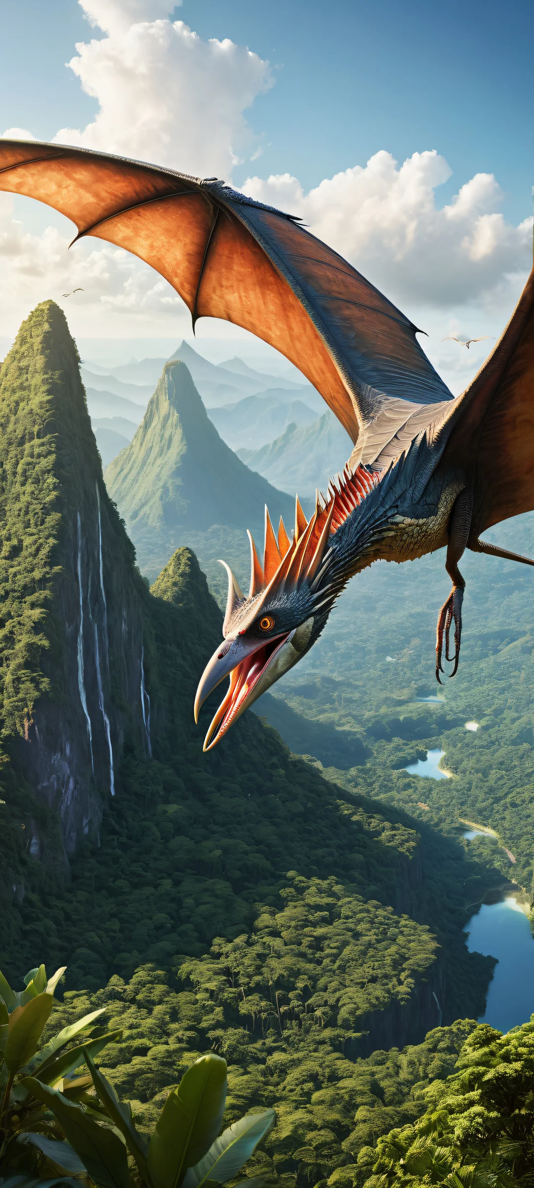 Pteranodonic head with canine features on iPhone/Android, surrounded by lush jungles and a distant volcano in the background.
