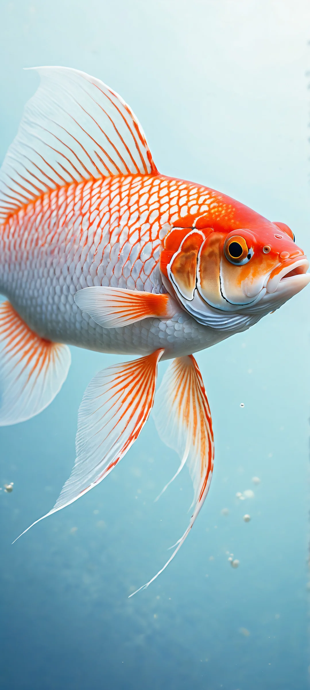 Delicate Japanese fish with realistic scales and fins, perfectly placed in a pure void, surrounded by subtle oceanic textures and faint coral reef outlines. For iPhone/Android.