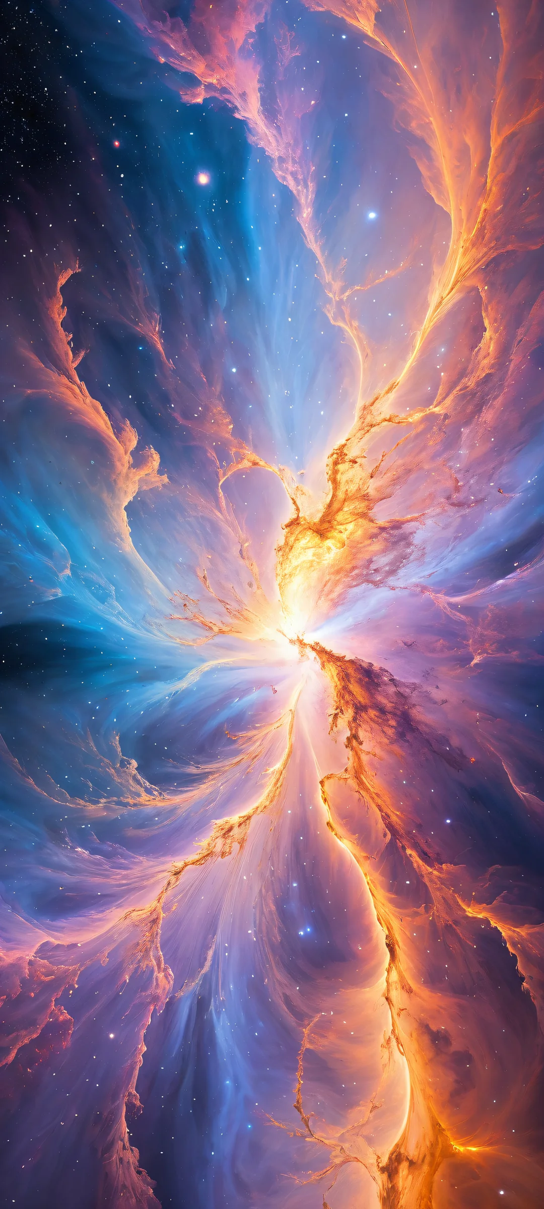 Majestic glowing nebula on iPhone/Android with intricate gas clouds and star-forming regions. Perfectly clean top half for UI widgets.