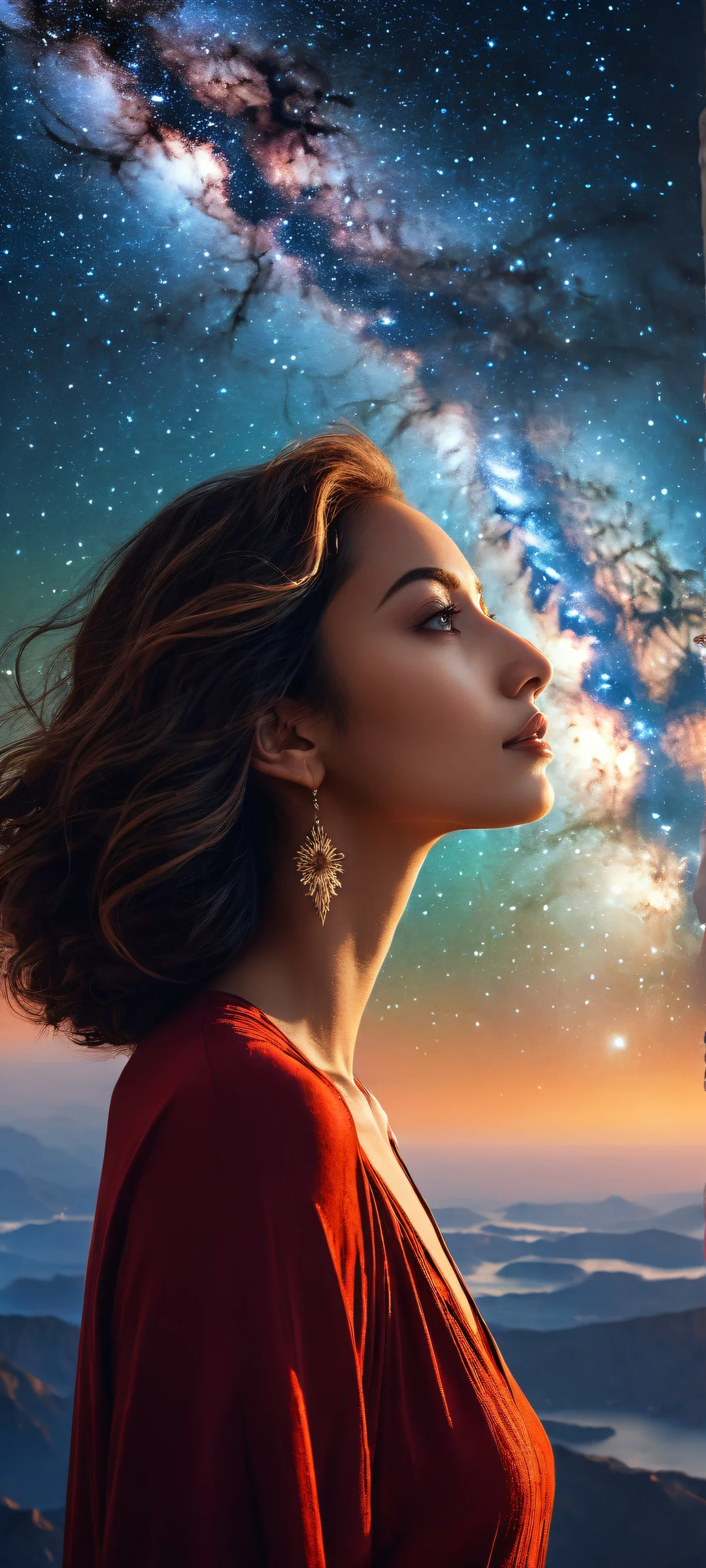 iPhone/Android wallpaper featuring a serene celestial being gazing into the void against a star-filled night sky.