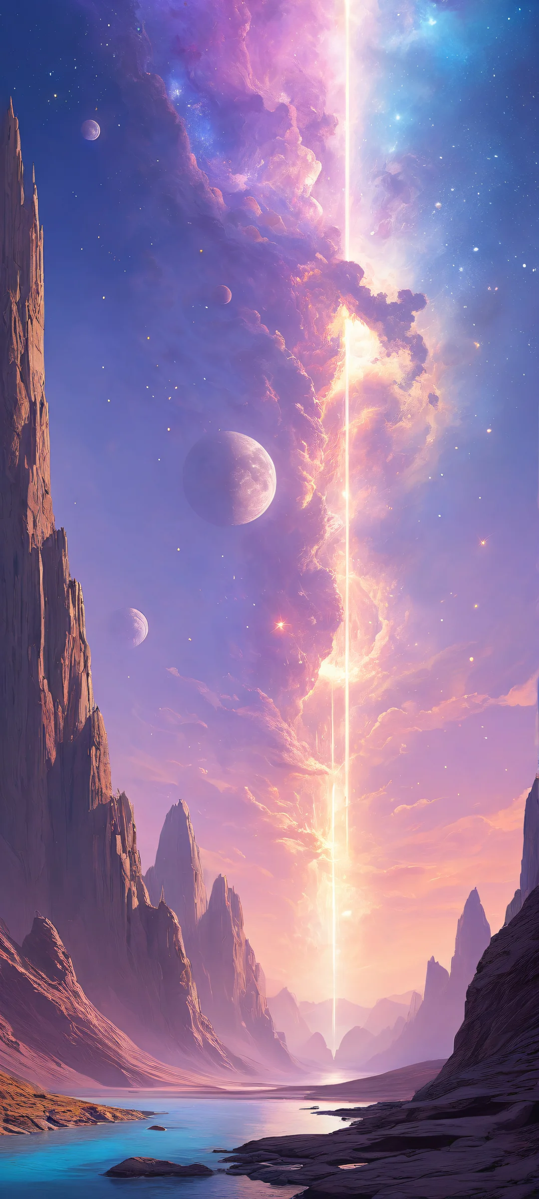 A stunning portrait of glowing celestial bodies against a pure void, iPhone と Android のホーム画面に完全に最適化.