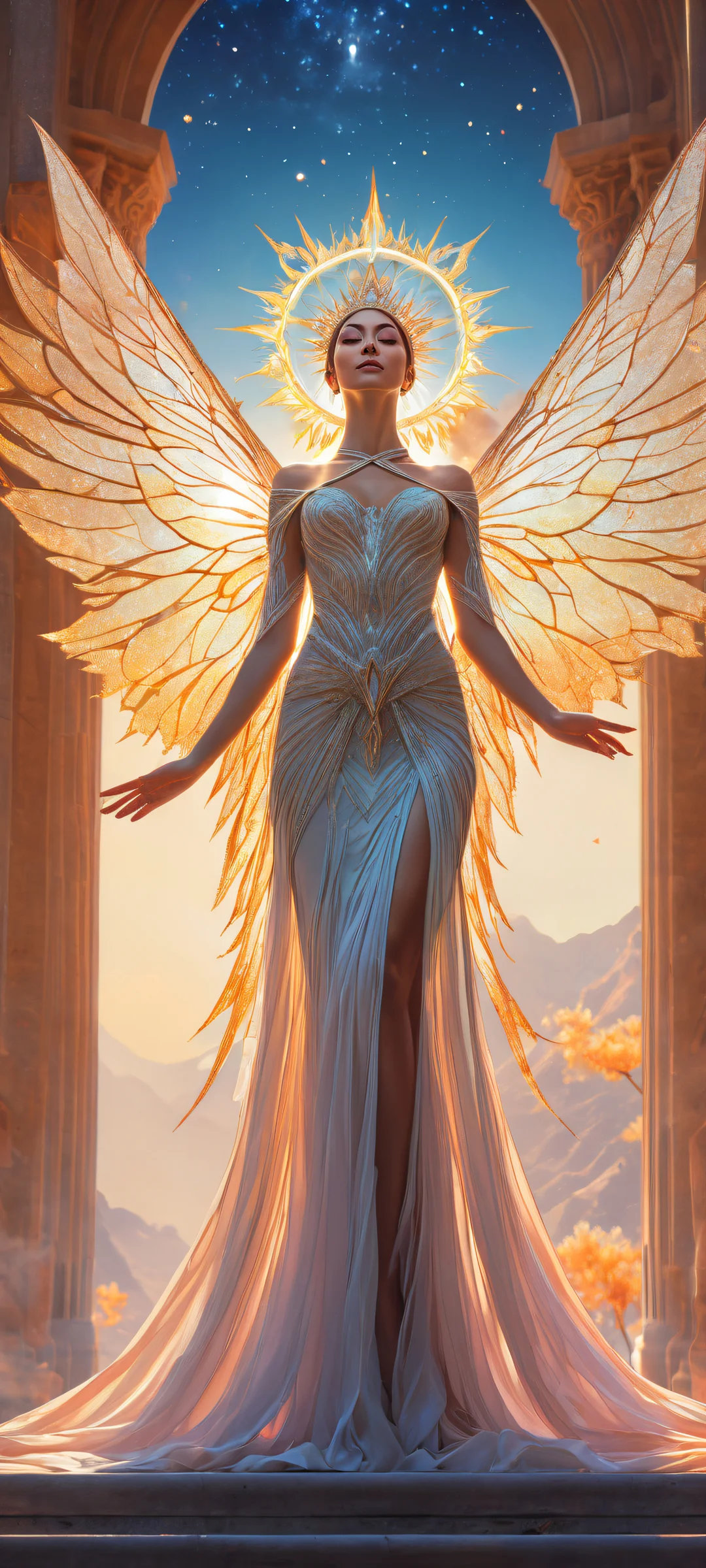 Majestic celestial being on iPhone and Android wallpapers with intricate details and ethereal lighting.