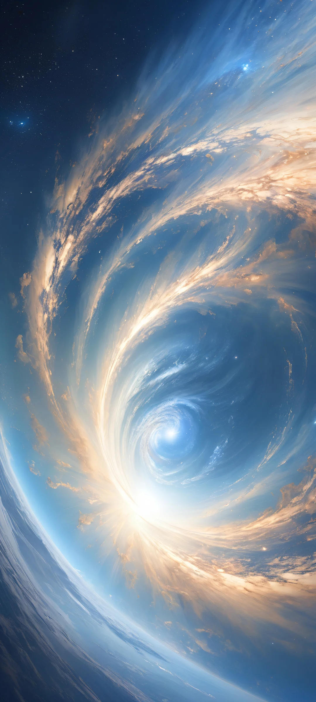 Delicate celestial vortex artwork for iPhone/Android featuring swirling clouds and stardust against a star-studded sky.