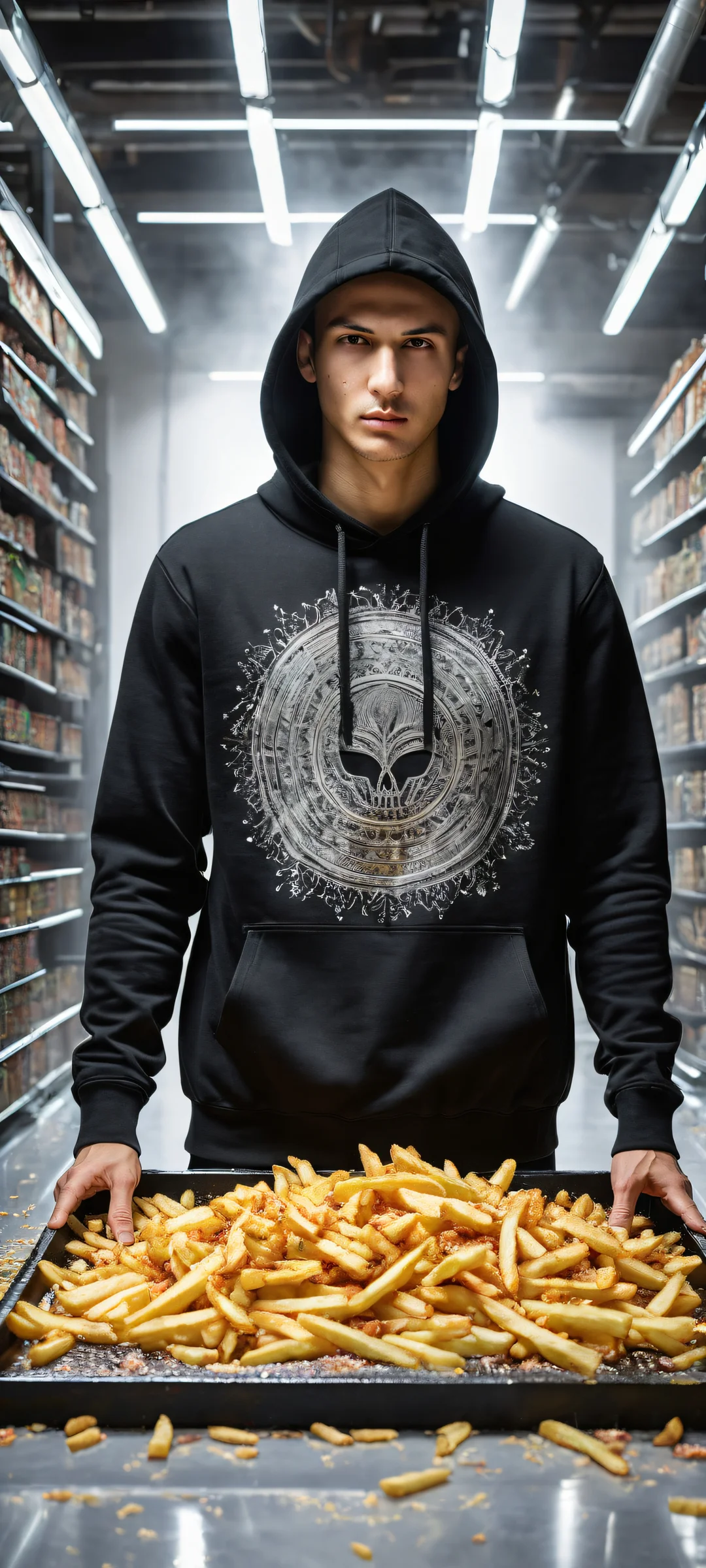 A man in a black hoodie, surrounded by spilled RAM sticks and GPUs on an iPhone/Android home screen