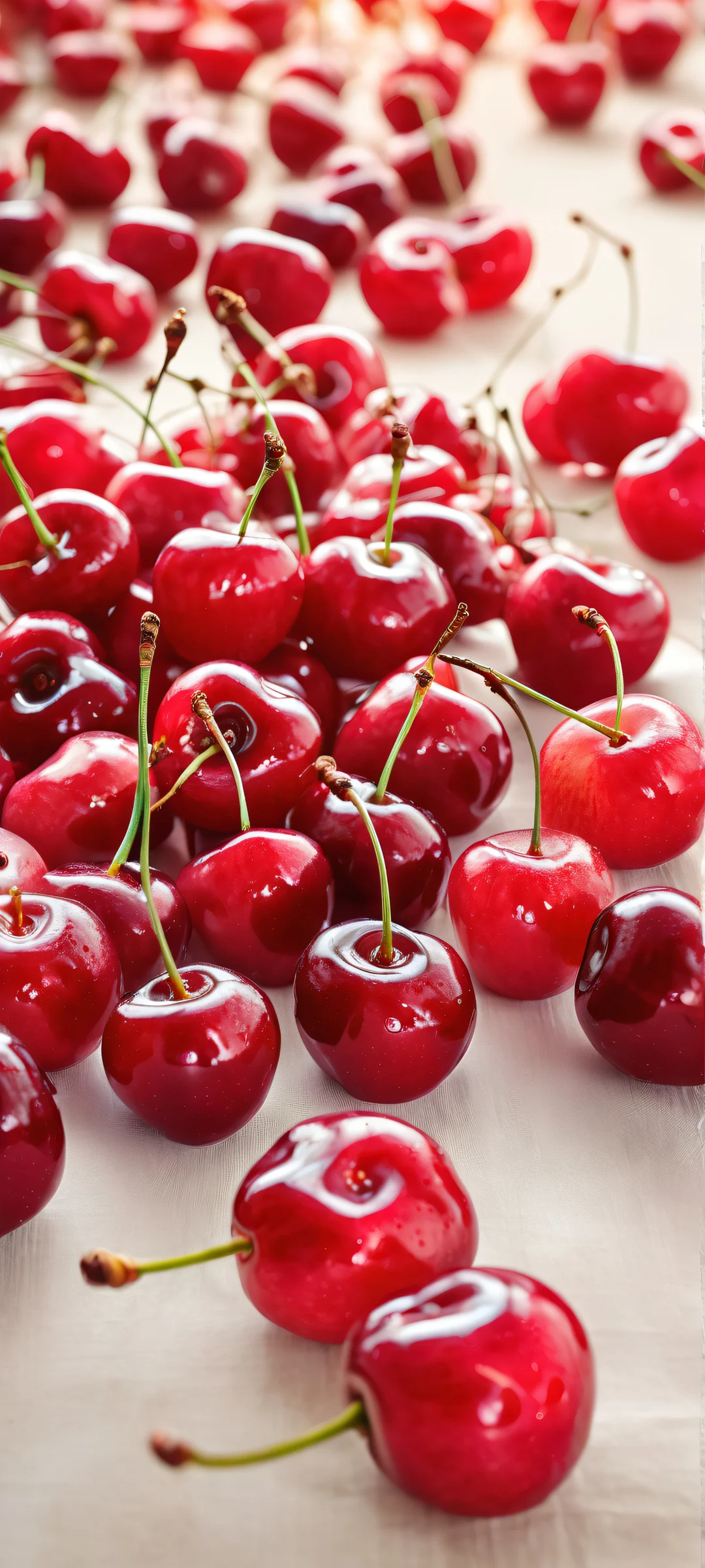 A stunning portrait of cherries on a perfectly clean background, optimized for iPhone and Android home screens. Features intricate textures, subtle ray traced reflections, and breathtaking visuals.