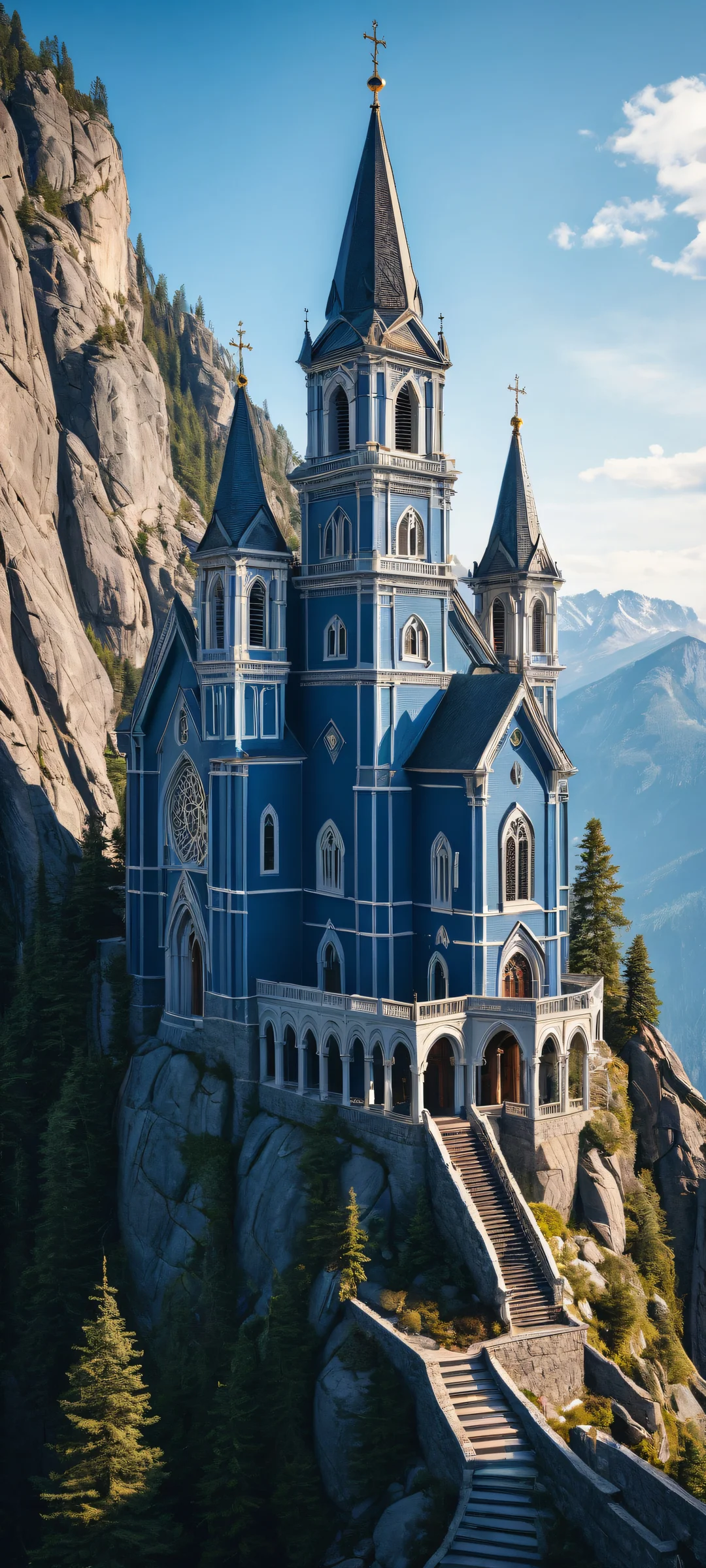 A breathtaking vertical portrait of a majestic suspended mountaintop blue church on iPhone/Android, with intricate details and perfect blacks.