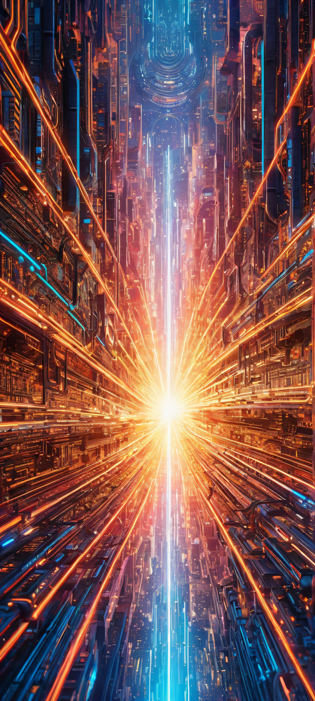 Breathtaking neon-laced circuitry artwork for iPhone/Android home screens, featuring radiant colors and ray-traced reflections.