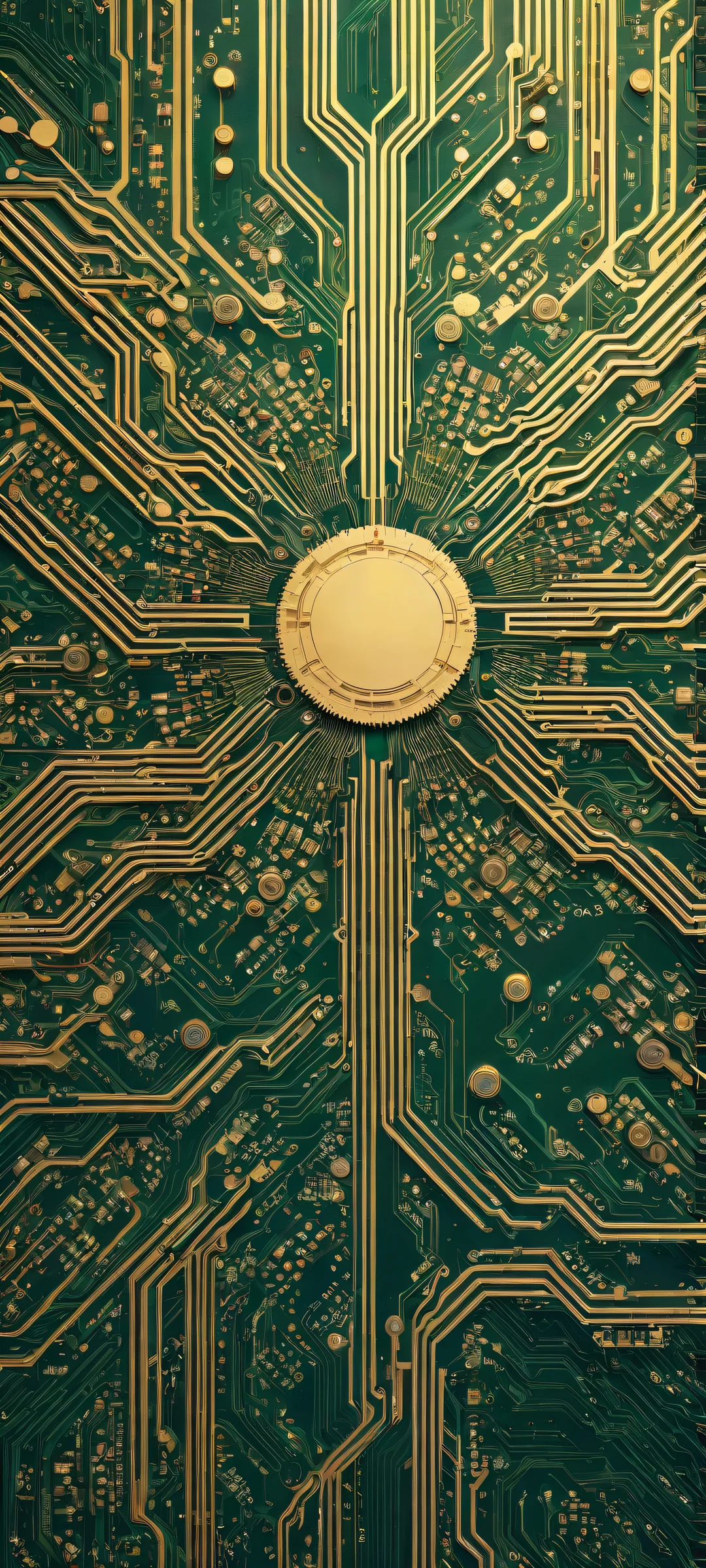 Breathtaking vertical portrait of a circuit board with intricate micro-details and ethereal lighting on an iPhone/Android home screen