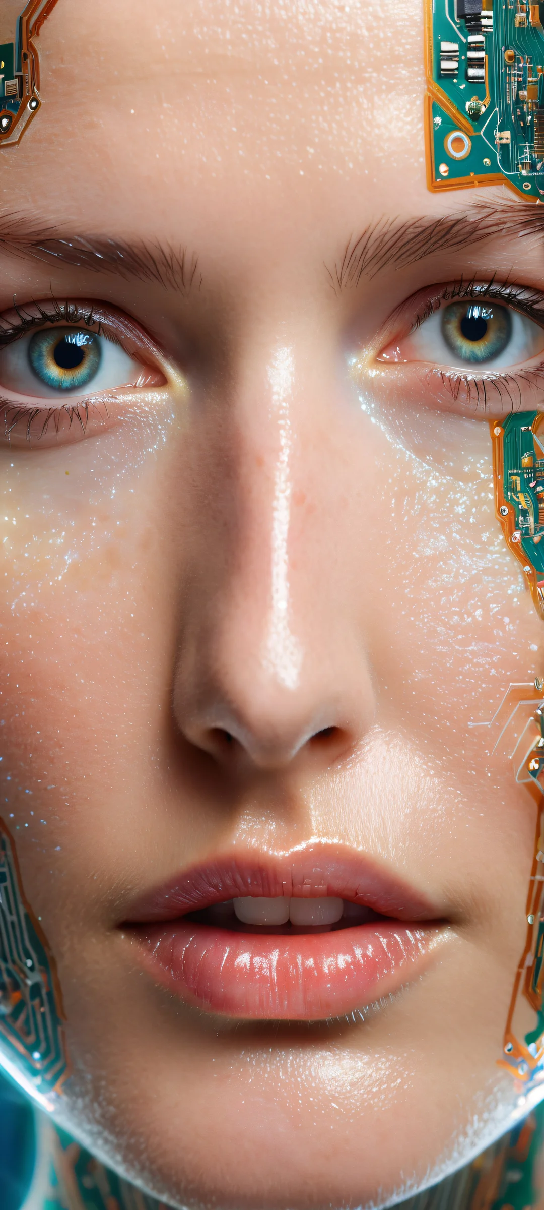 A futuristic facial circuit with intricate details on an iPhone/Android home screen, radiating ethereal lighting and brilliant colors.