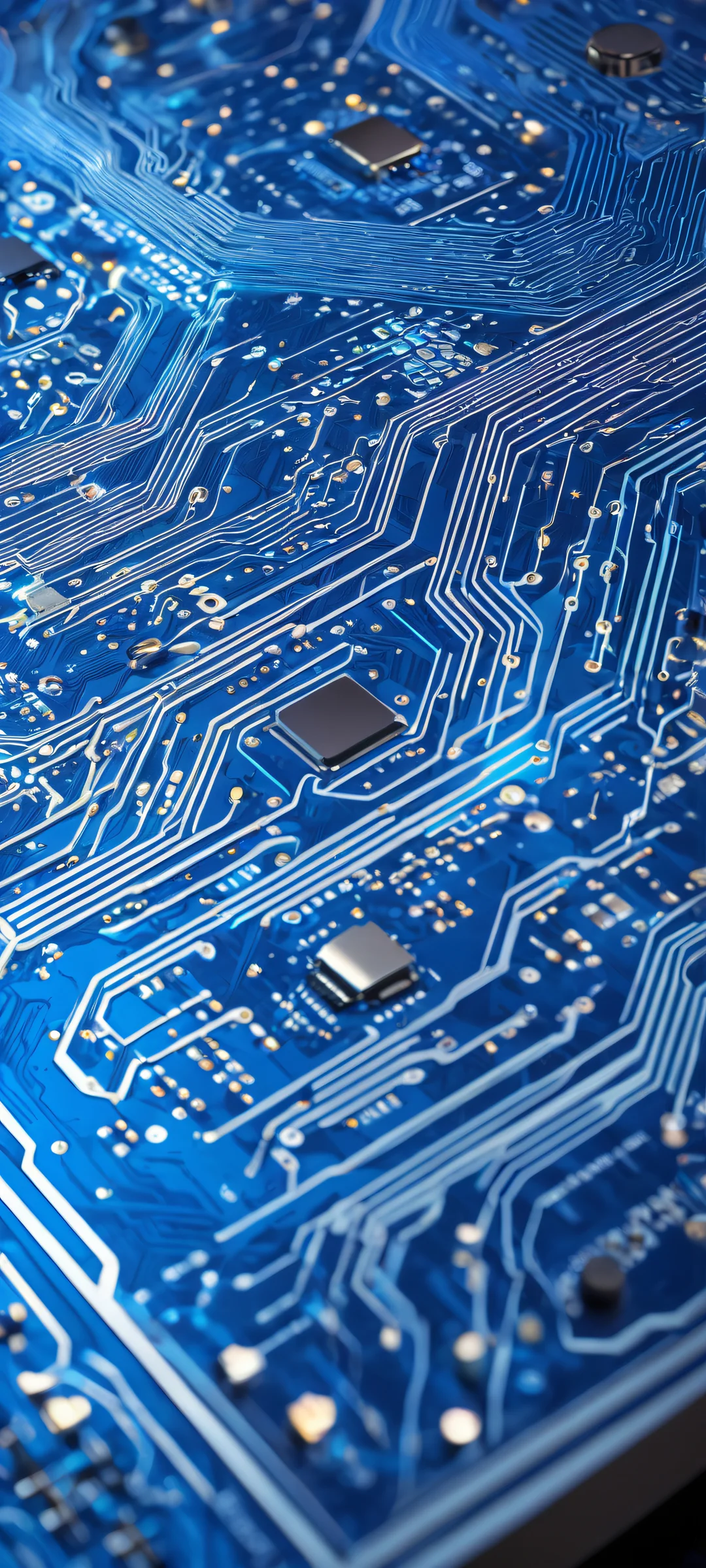 A futuristic circuit board artwork on an iPhone or Android screen, with glowing blue LEDs and intricate details.