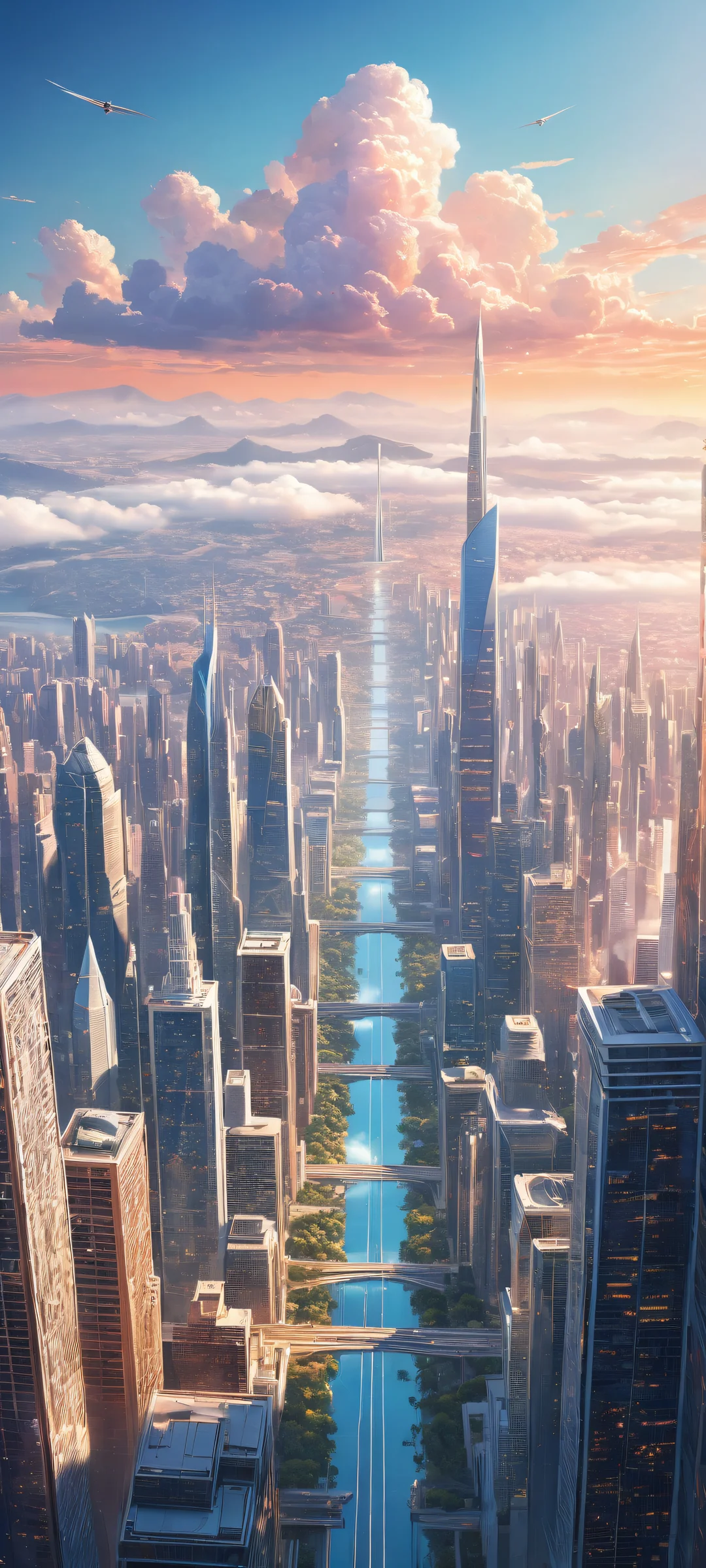 iPhone/Android mobile wallpaper featuring breathtaking vertical portrait artwork of Ethereal Cities with intricate micro-details and celestial theme.