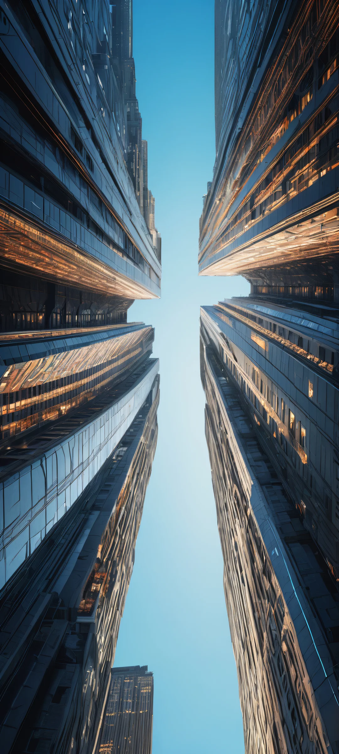 Breathtaking digital artwork of a futuristic cityscape on iPhone/Android with sleek dark mode aesthetic and luminescent accents.