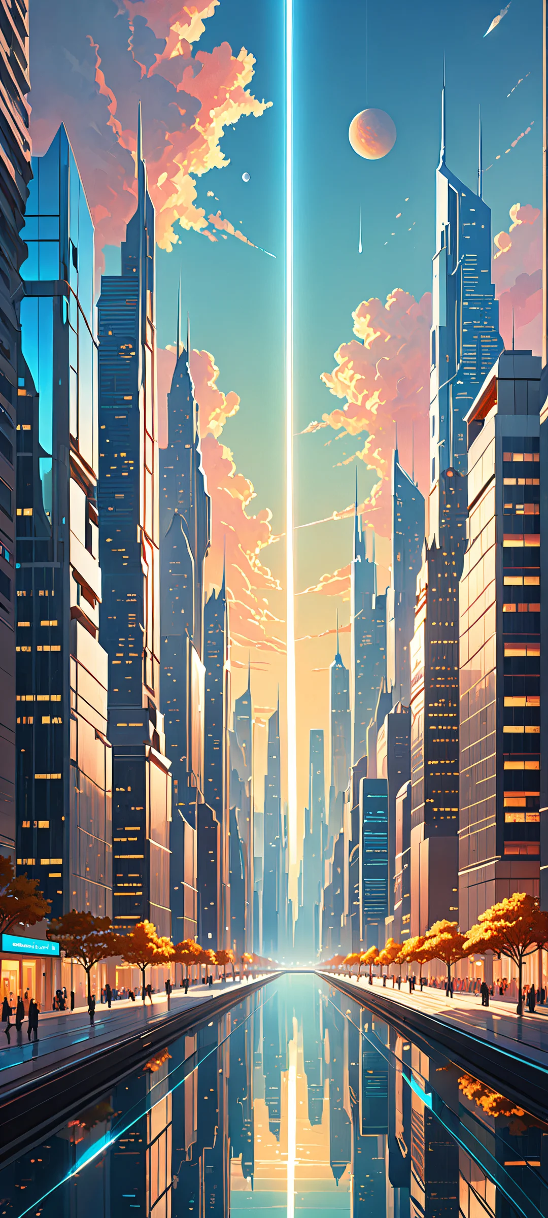 幻想的な街並み 2K QHD ホーム画面 Minimalist illustration of a futuristic cityscape on iPhone/Android device backgrounds.