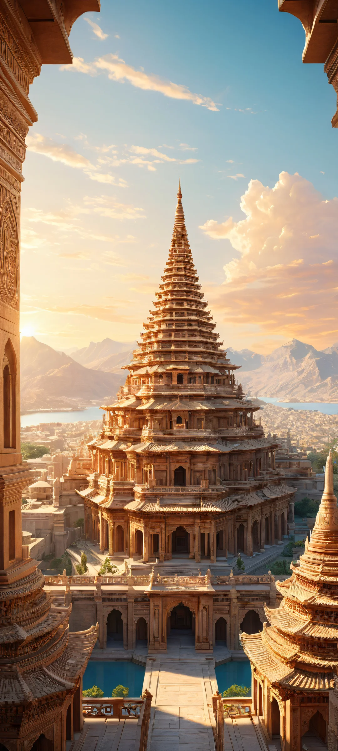A breathtaking iPhone/Android wallpaper featuring an ancient city structure with intricate carvings and ornate architecture, set against a serene sunset sky.