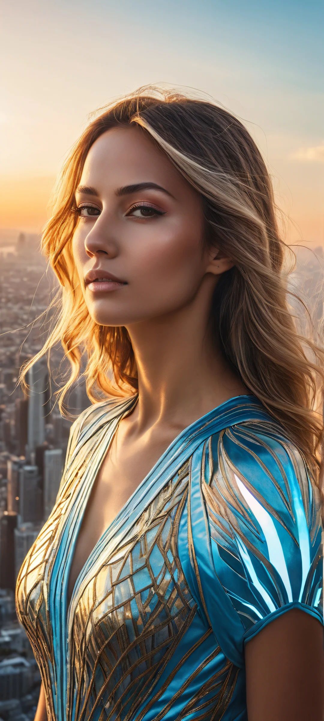 A serene and breathtaking vertical portrait of a woman amidst a futuristic cityscape on an iPhone or Android device.