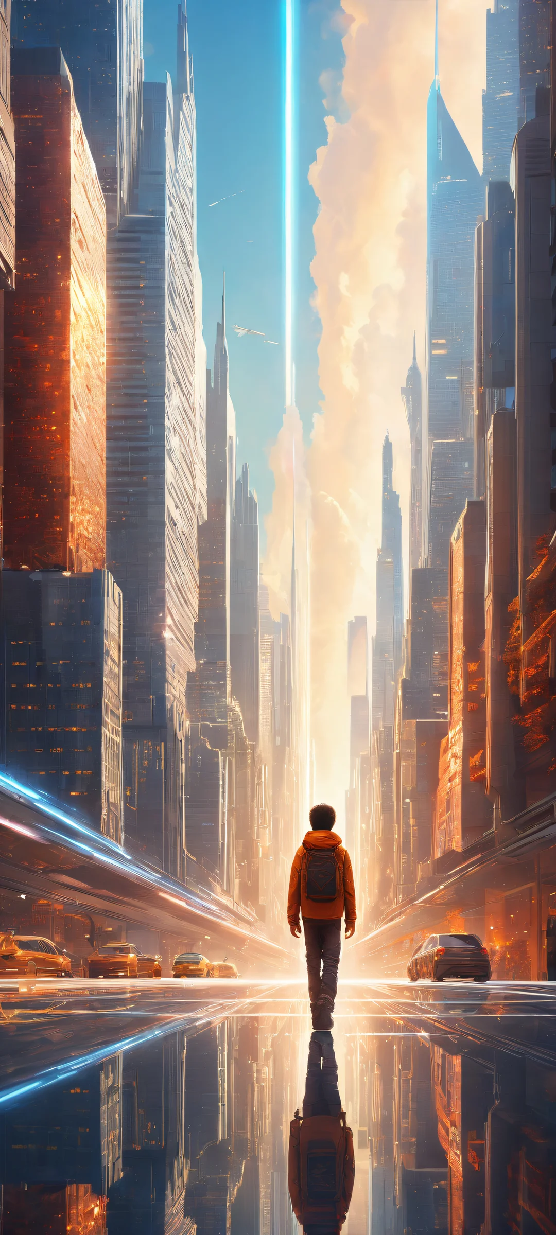 A futuristic cityscape with a lone boy on iPhone and Android devices - Award-winning digital art, concept artwork.