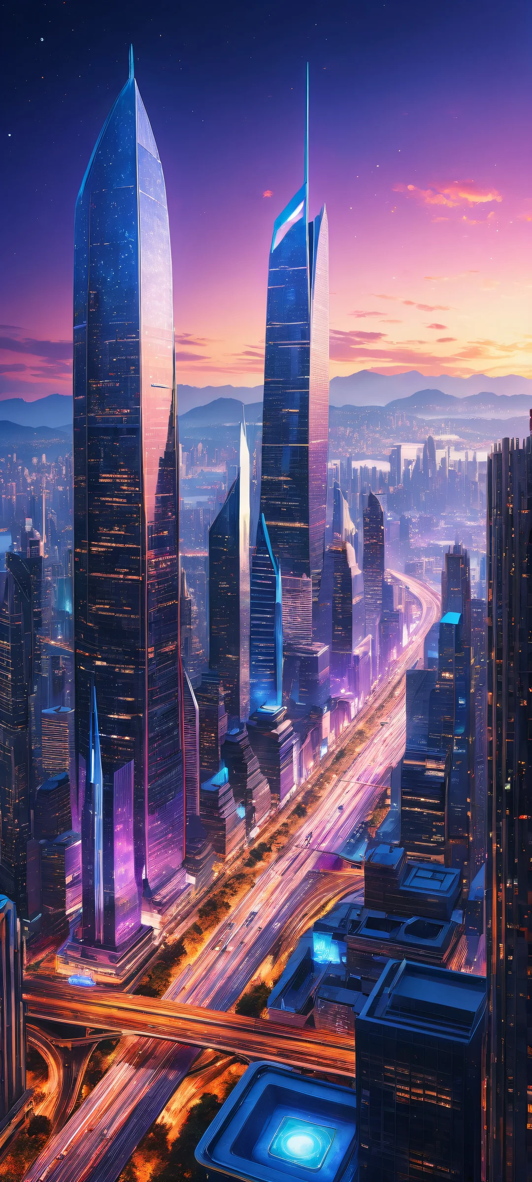 Breathtaking portrait of a futuristic cityscape on iPhone/Android, with insane micro-details and depth of field.
