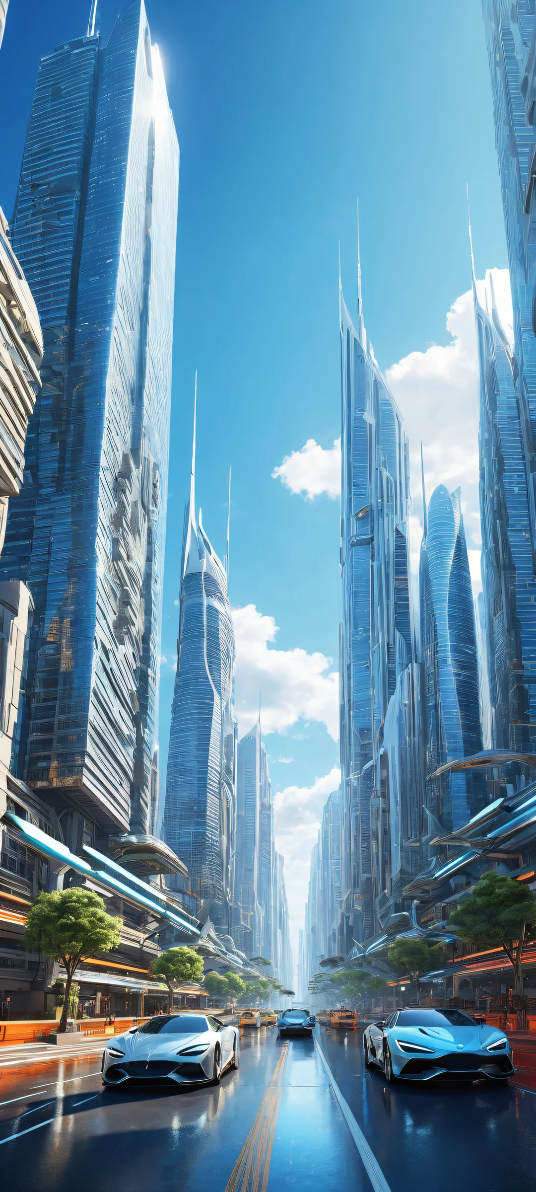 A stunning vertical portrait artwork featuring a futuristic cityscape on iPhone/Android, with intricate micro-details and ethereal lighting.