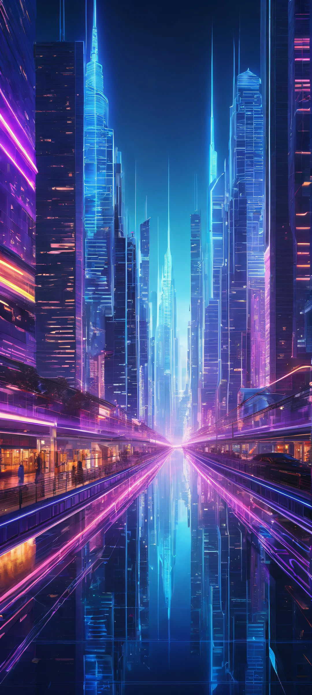 A futuristic cityscape with glowing neon lines and subtle circuitry patterns on a perfectly clean background, suitable for iPhone/Android home screens.
