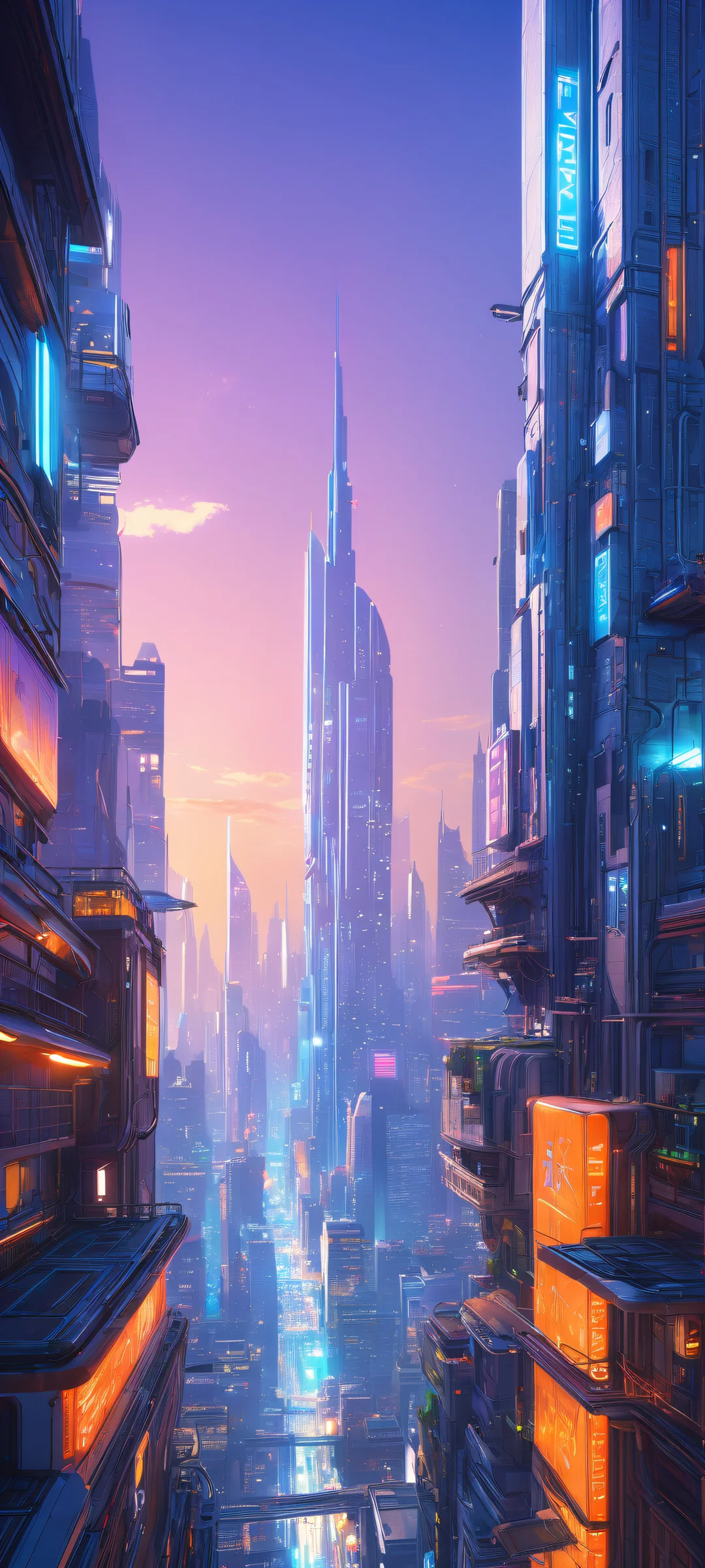 A futuristic cityscape with neon-lit streets and towering skyscrapers, perfectly clean top half with a vast pure void, giving way to the bustling city below. Suitable for iPhone/Android home screens.