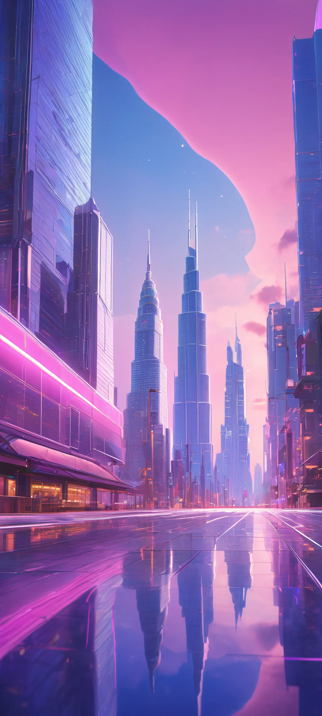 Stunning iPhone/Android wallpaper featuring a futuristic cityscape with vibrant neon lights and subtle pastel colors, perfect for your home screen.