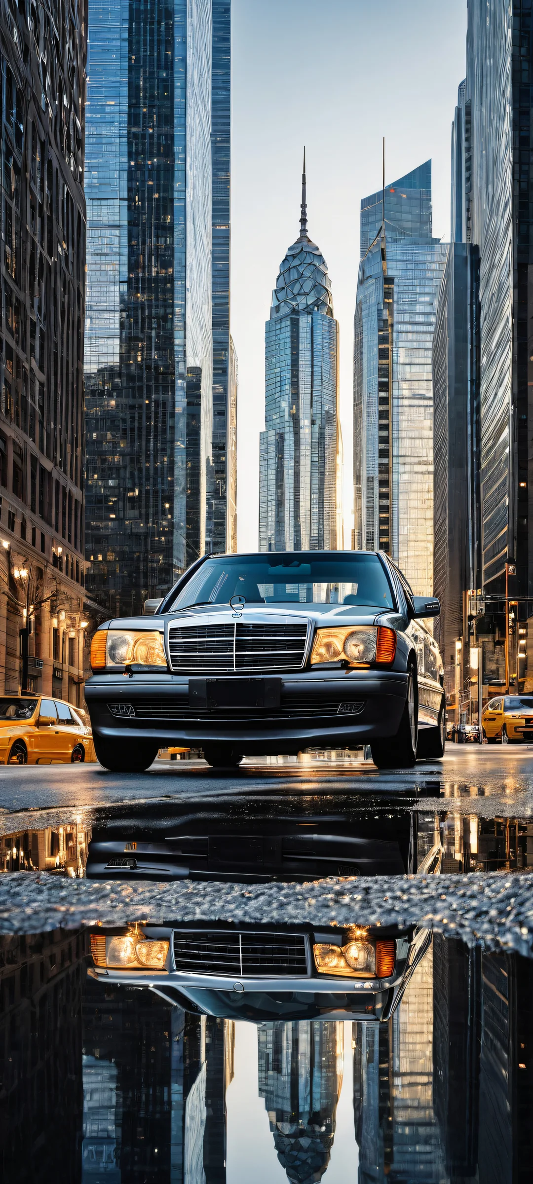 iPhone and Android users, behold this breathtaking vertical portrait artwork of a Mercedes-Benz W124 placed in the lower-middle with intricate micro-details, surrounded by an epic cityscape backdrop featuring vast skyscrapers and architecture.