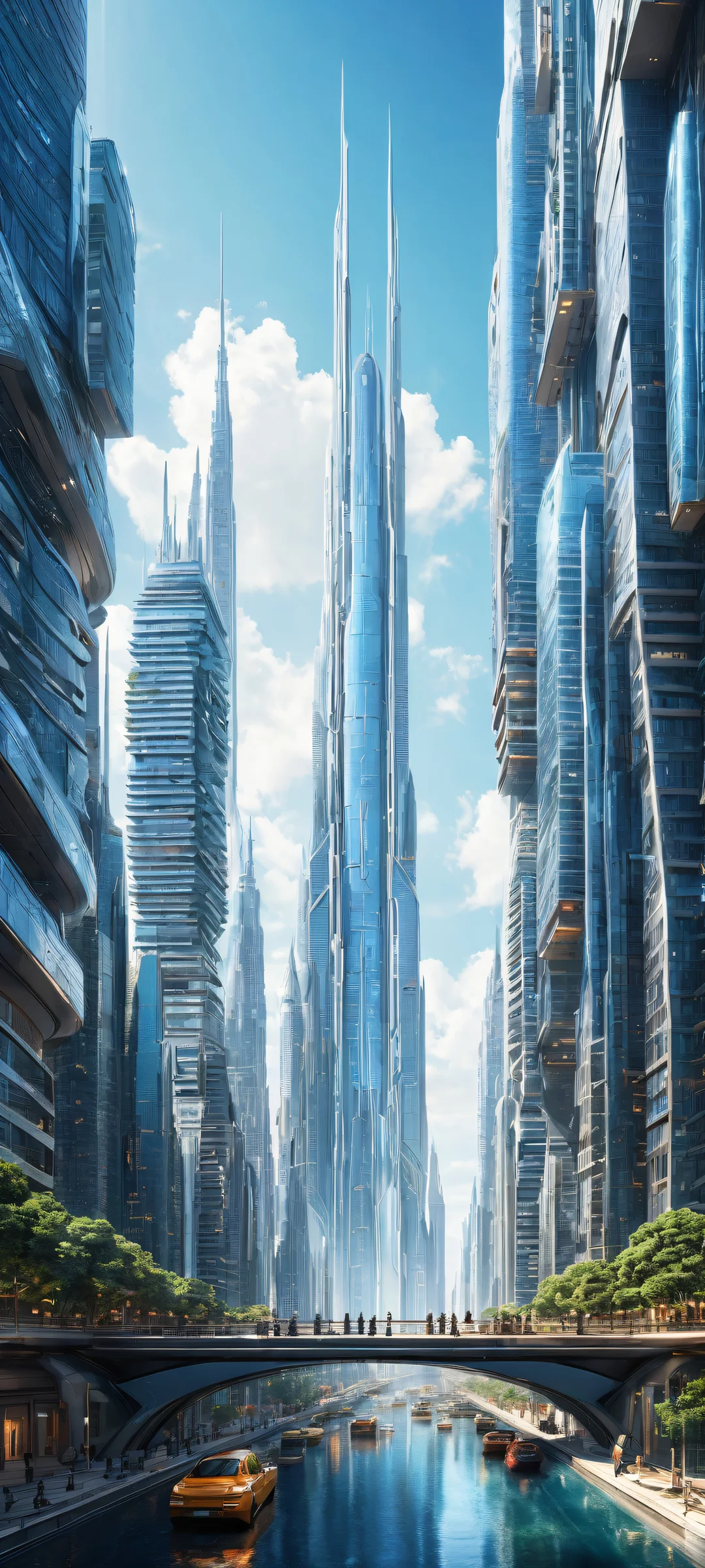 A futuristic cityscape on iPhone/Android with intricate architecture and precise engineering, ホーム画面に完全に最適化.