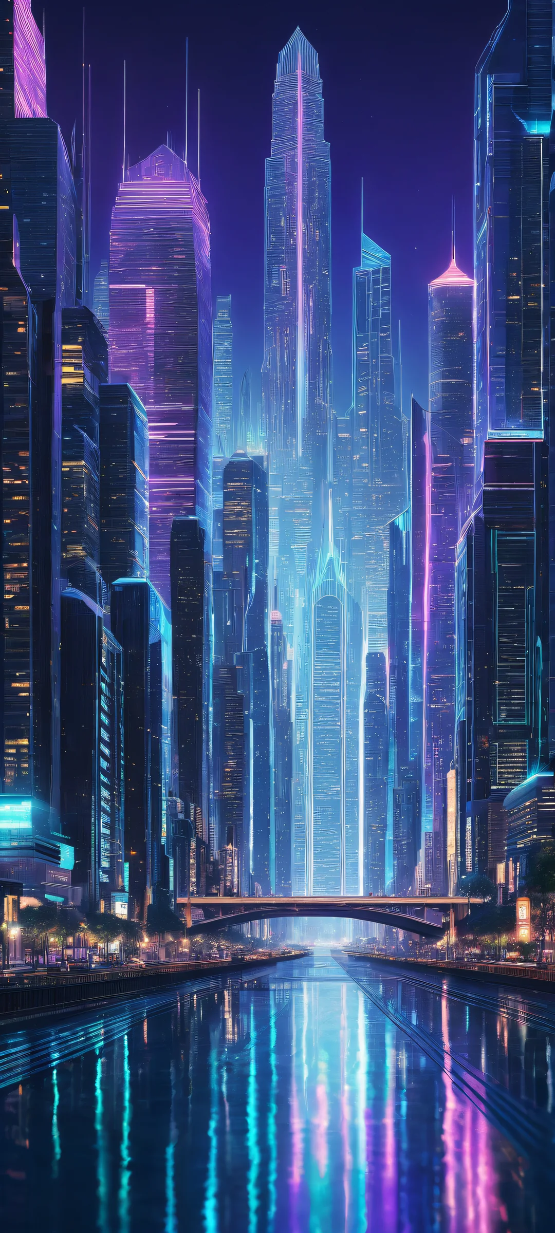 Futuristic cityscape on iPhone/Android with neon lights and mystical elements. Perfect for home screen.