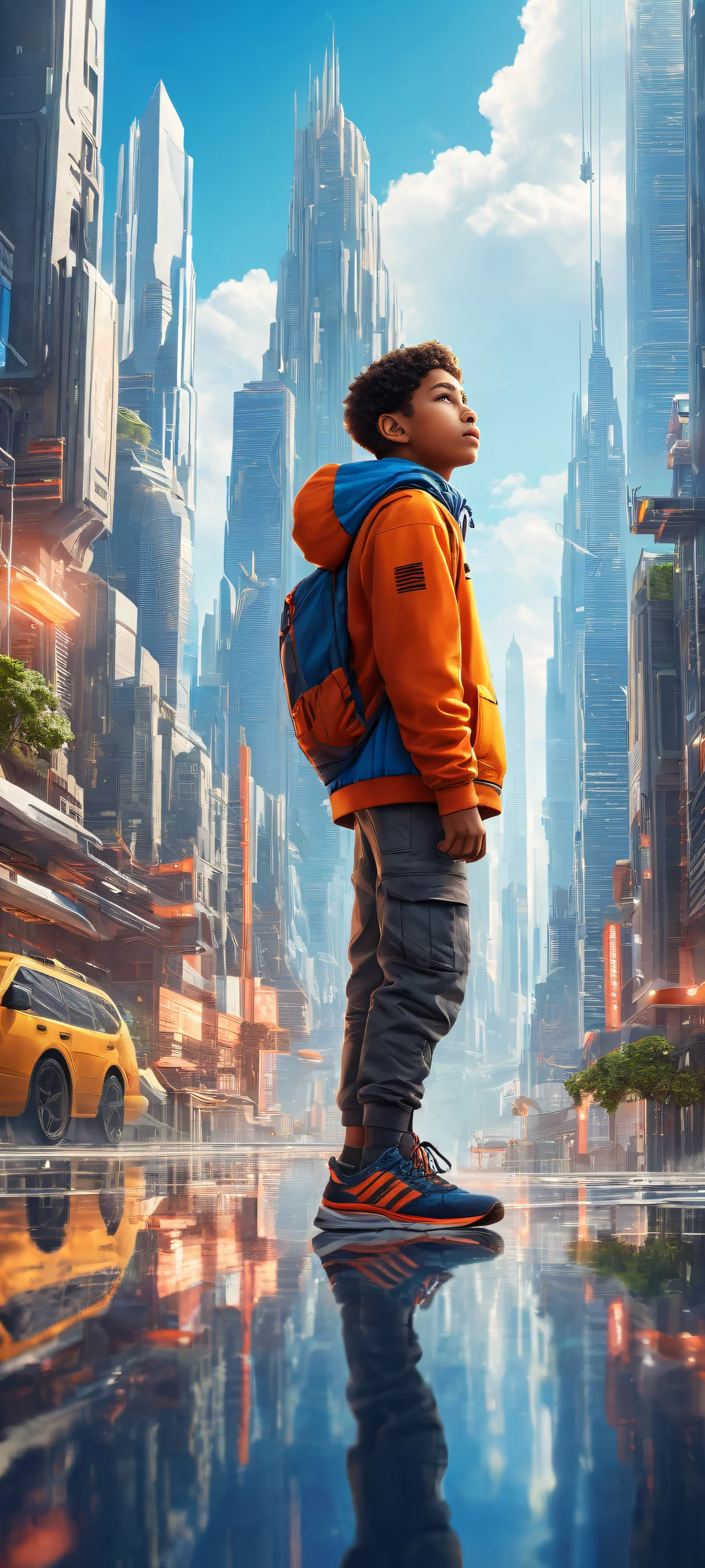 Boy gazing out at a futuristic cityscape on an iPhone or Android device
