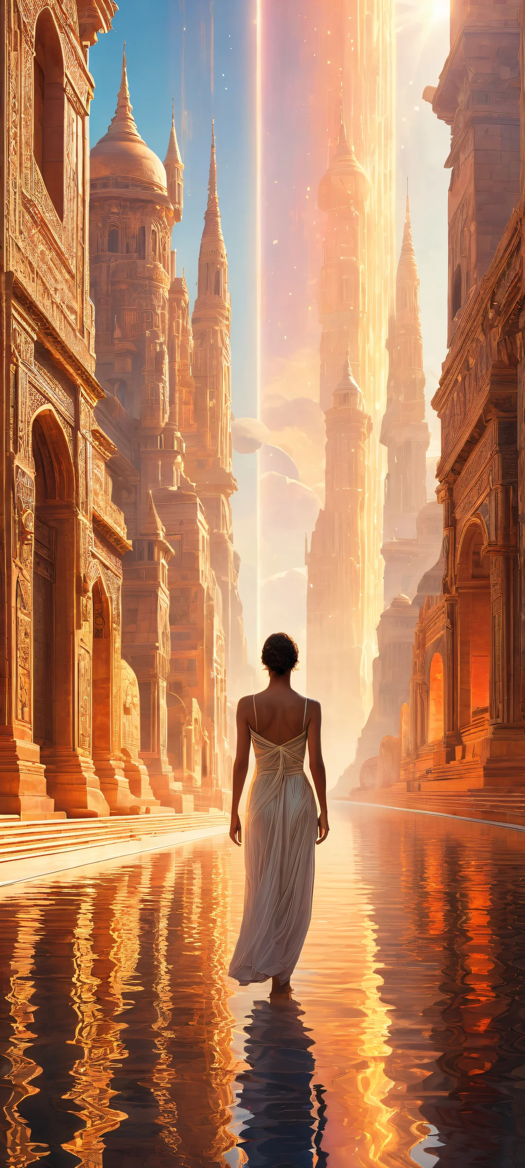 Ethereal Cityscape QHD Phone Background Breathtaking vertical portrait artwork of ancient cityscape with intricate details and ethereal lighting for iPhone/Android home screens.