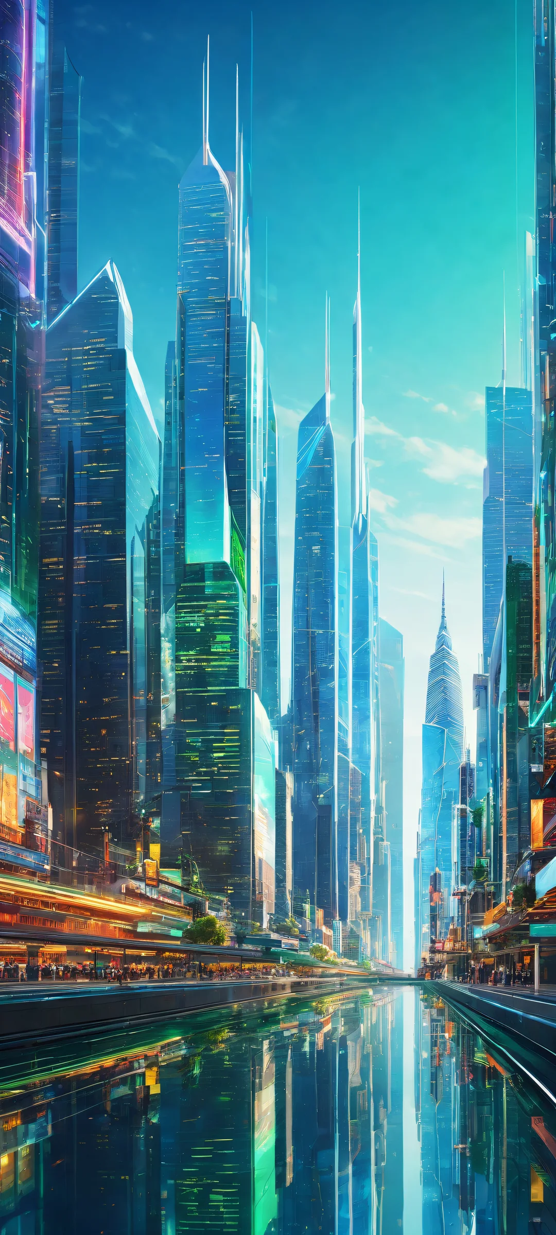 A futuristic cityscape with holographic advertisements on a clean and empty top half, perfectly optimized for iPhone/Android home screens.