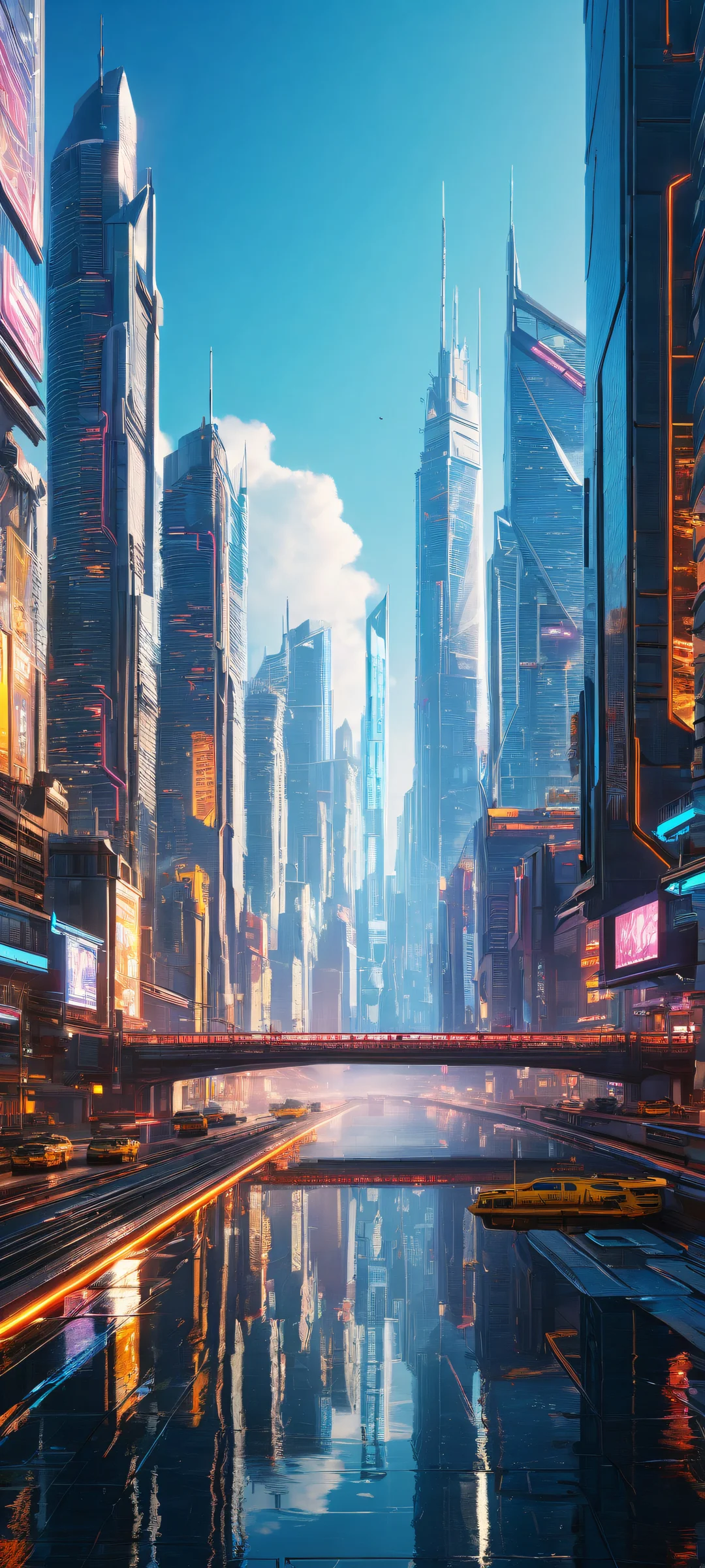 iPhone com paisagem urbana etérea & Papel de parede Androidperfeitamente otimizado para telas iniciais de iPhone/Android Breathtaking vertical portrait artwork of a futuristic cityscape featuring towering skyscrapers and intricate micro-details, perfectly optimized for iPhone/Android home screens.