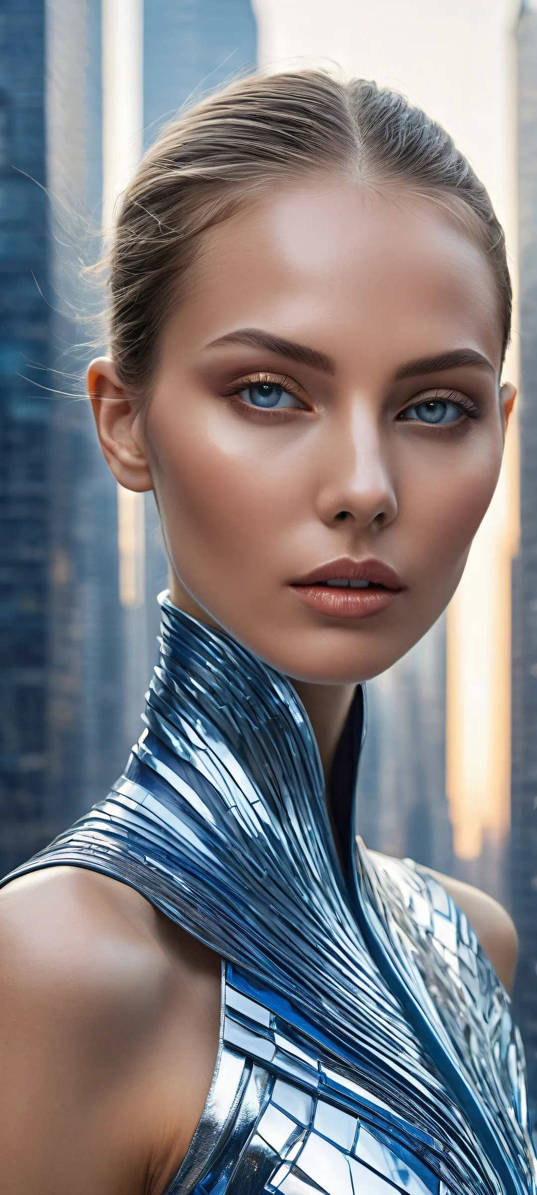 Detailed face portrait placed in the lower-middle with insane micro-details, surrounded by a futuristic cityscape with sleek lines and metallic textures, perfectly optimized for iPhone/Android home screens.