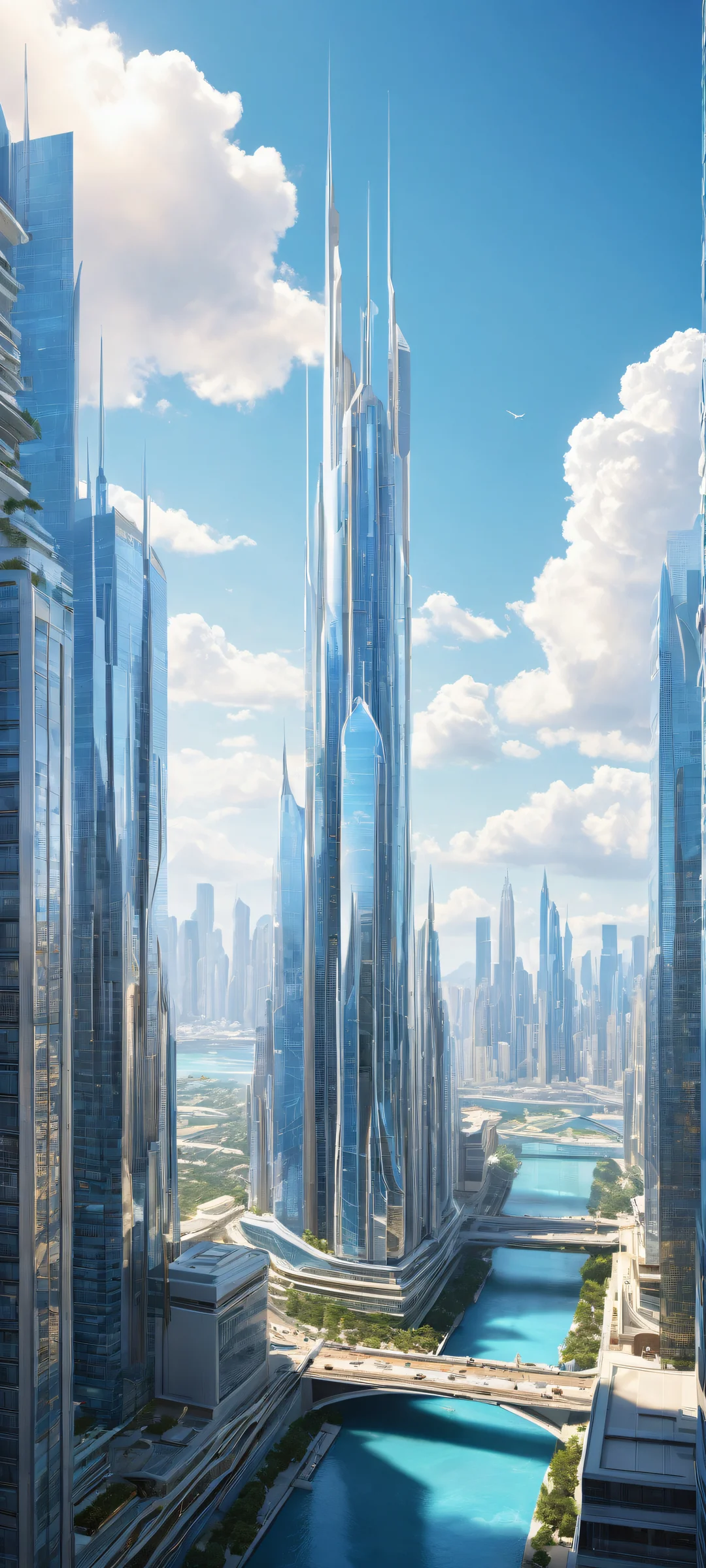 Breathtaking vertical artwork featuring a futuristic cityscape on iPhone/Android for a serene and calming wallpaper experience.