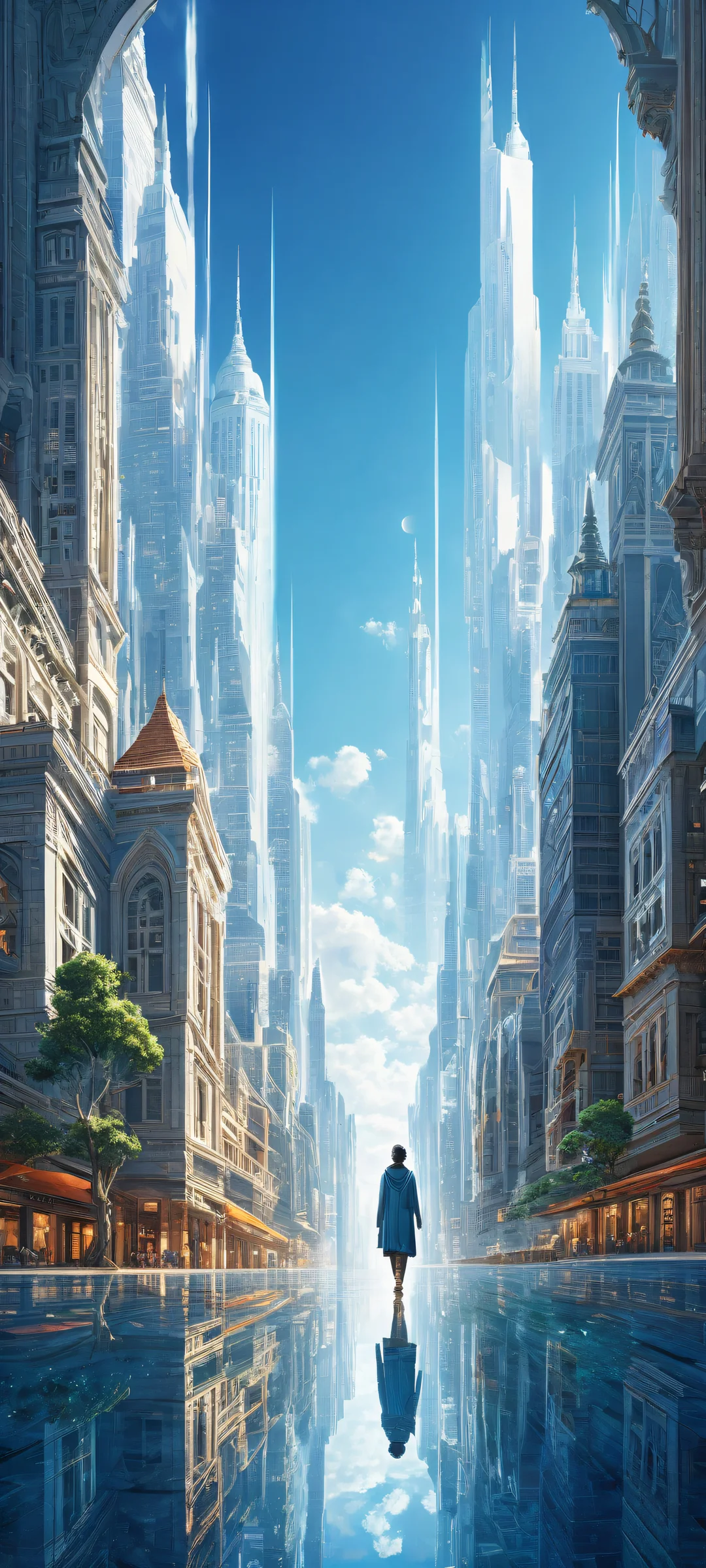 Majestic cityscape on iPhone/Android with intricate architecture and tiny human figures, perfect for home screens.