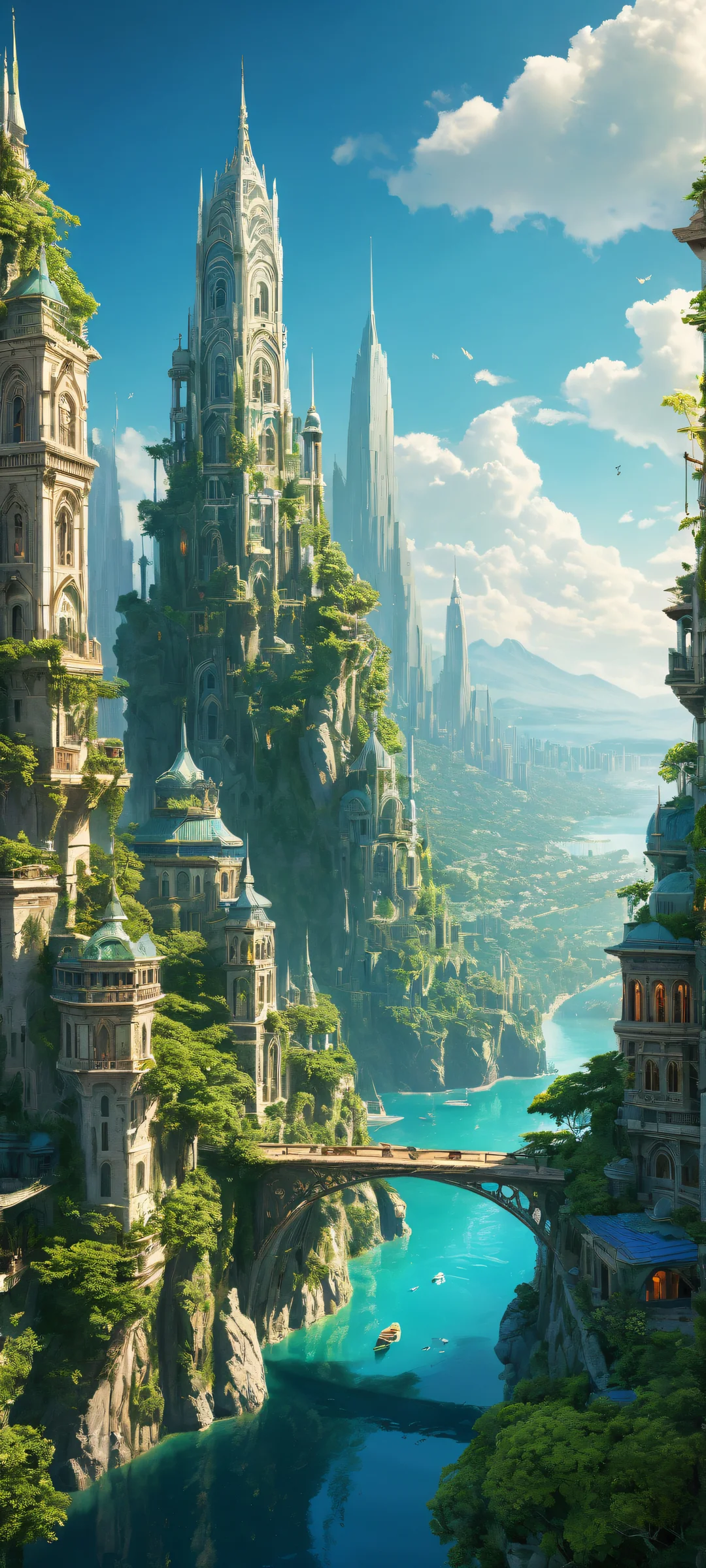 Delicate cityscape artwork on iPhone/Android with intricate details and ethereal lighting