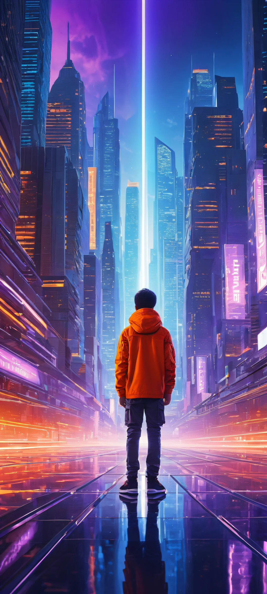 A stunning vertical artwork of a lone boy in a futuristic cityscape, perfectly optimized for iPhone and Android home screens. Features intricate micro-details, ethereal lighting, and radiant colors.