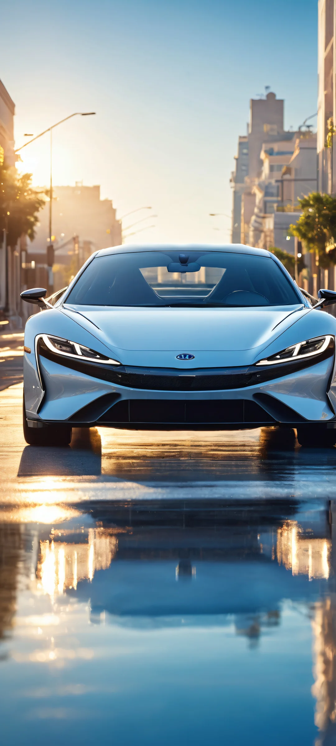 A serene cityscape with a car parked on the street, reflected in its sleek design. Perfectly optimized for iPhone and Android home screens.