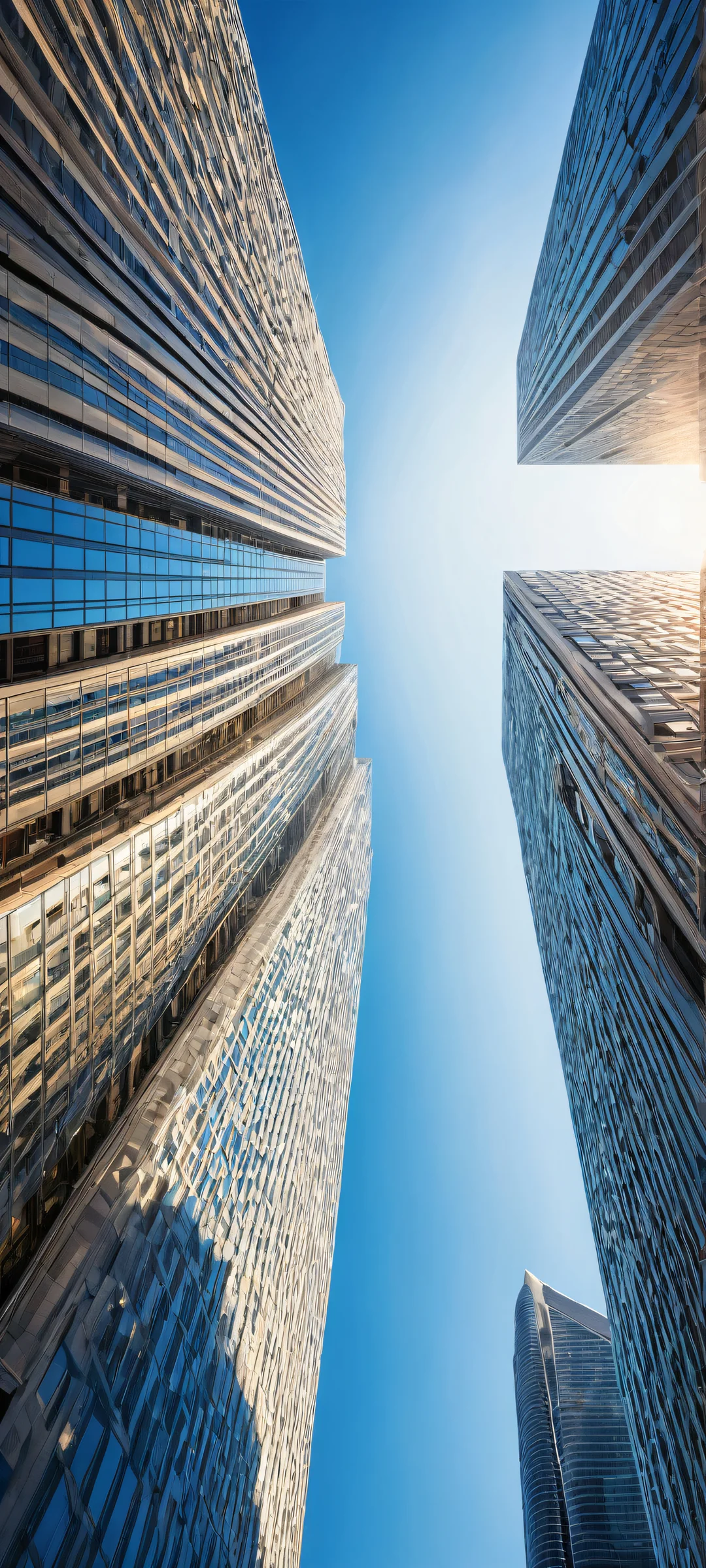 A stunning vertical artwork featuring skyscrapers and city infrastructure on an iPhone/Android device's home screen, with a perfectly clean top half for seamless transition to the blue sky.
