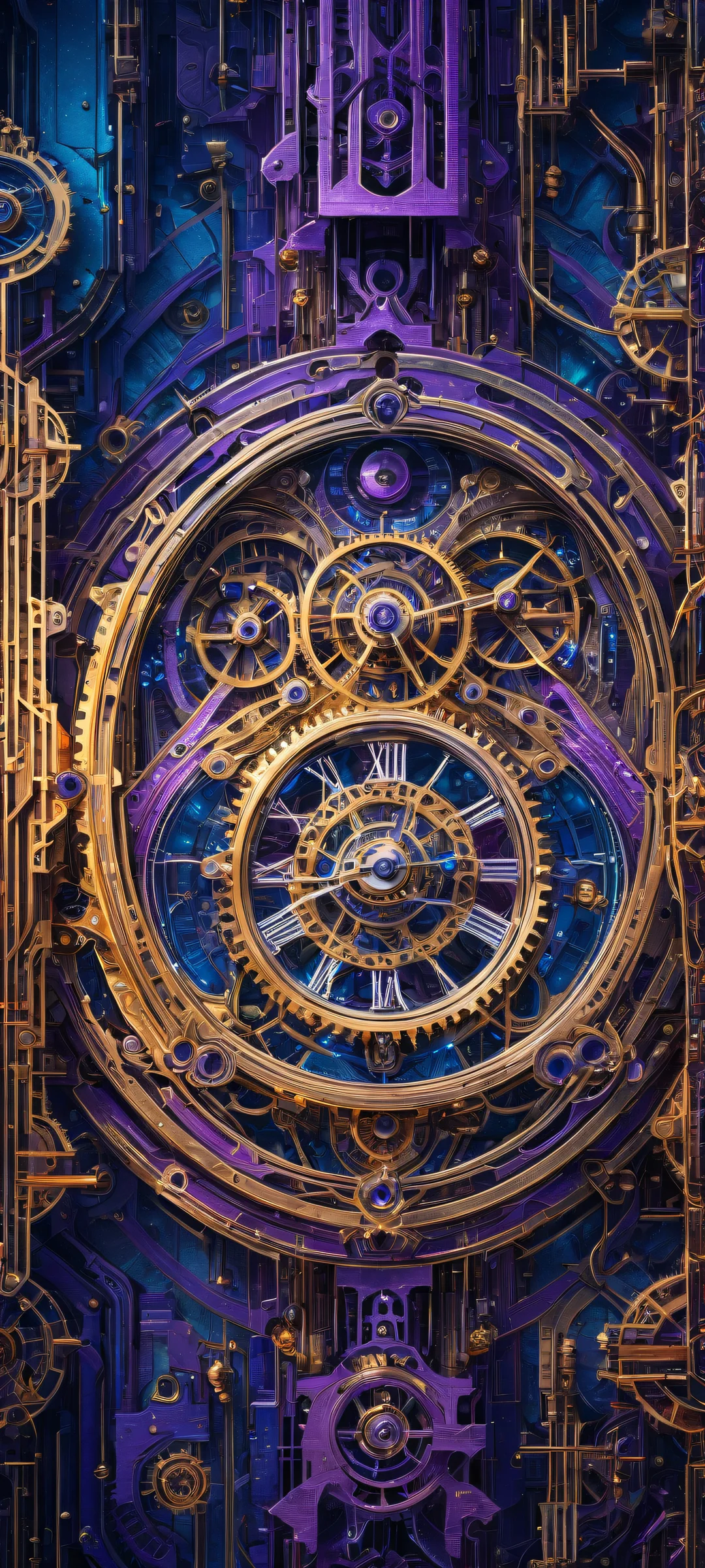 A stunning iPhone and Android mobile wallpaper featuring a breathtaking vertical portrait of a clockwork mechanism with glowing blue and purple circuits, gradually giving way to a futuristic cityscape at the bottom.