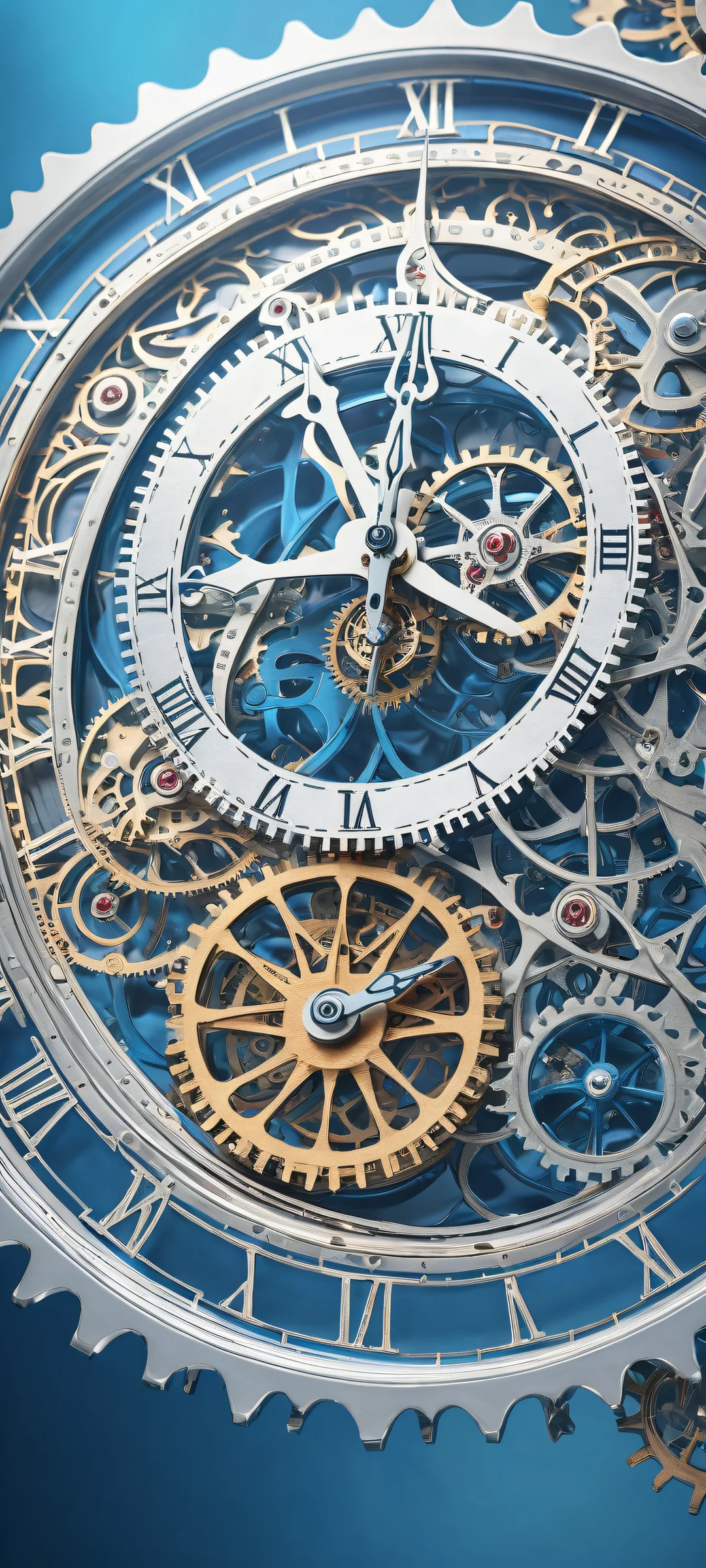 Delicate clock mechanism on a serene blue background, perfeitamente otimizado para telas iniciais de iPhone e Android.
