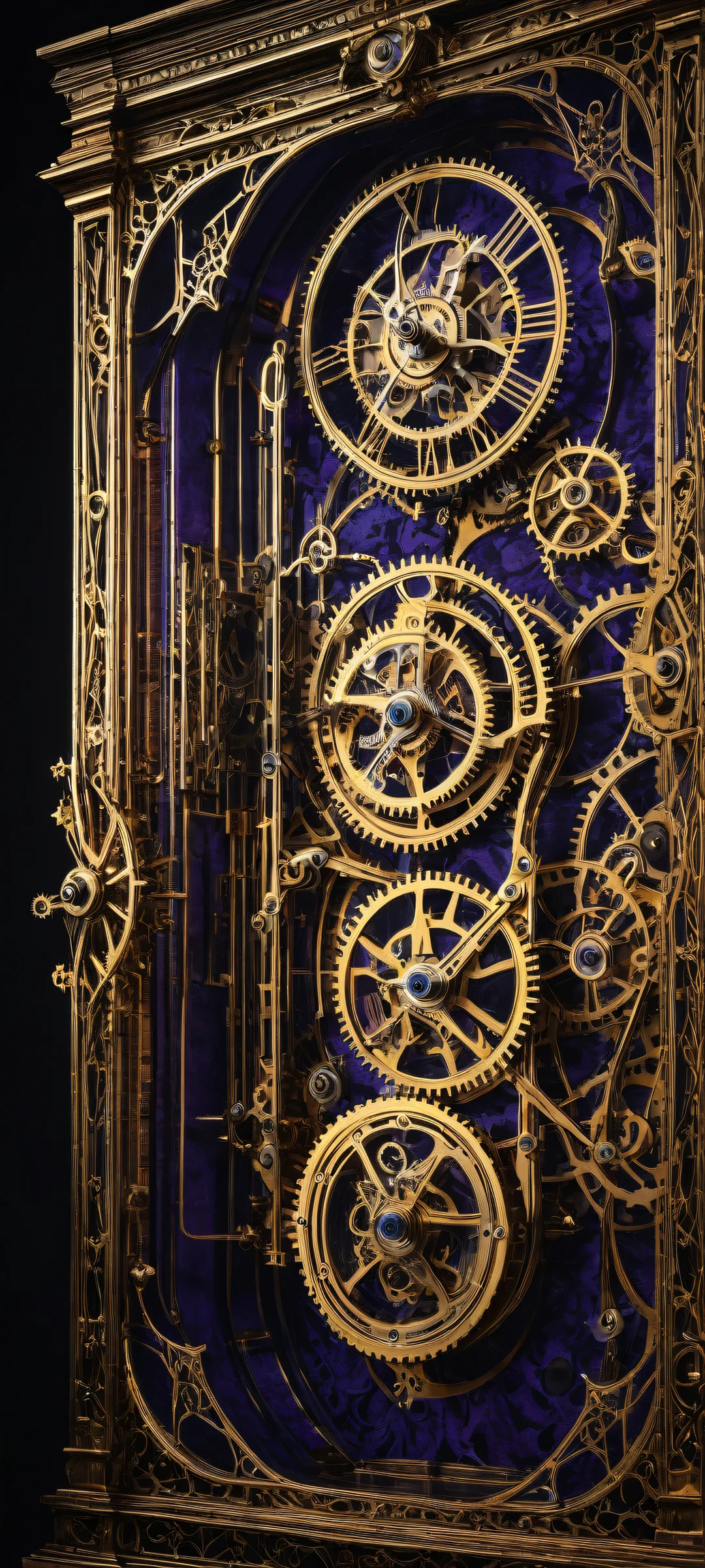 A hauntingly beautiful clockwork mechanism on a dark background for iPhone/Android wallpapers