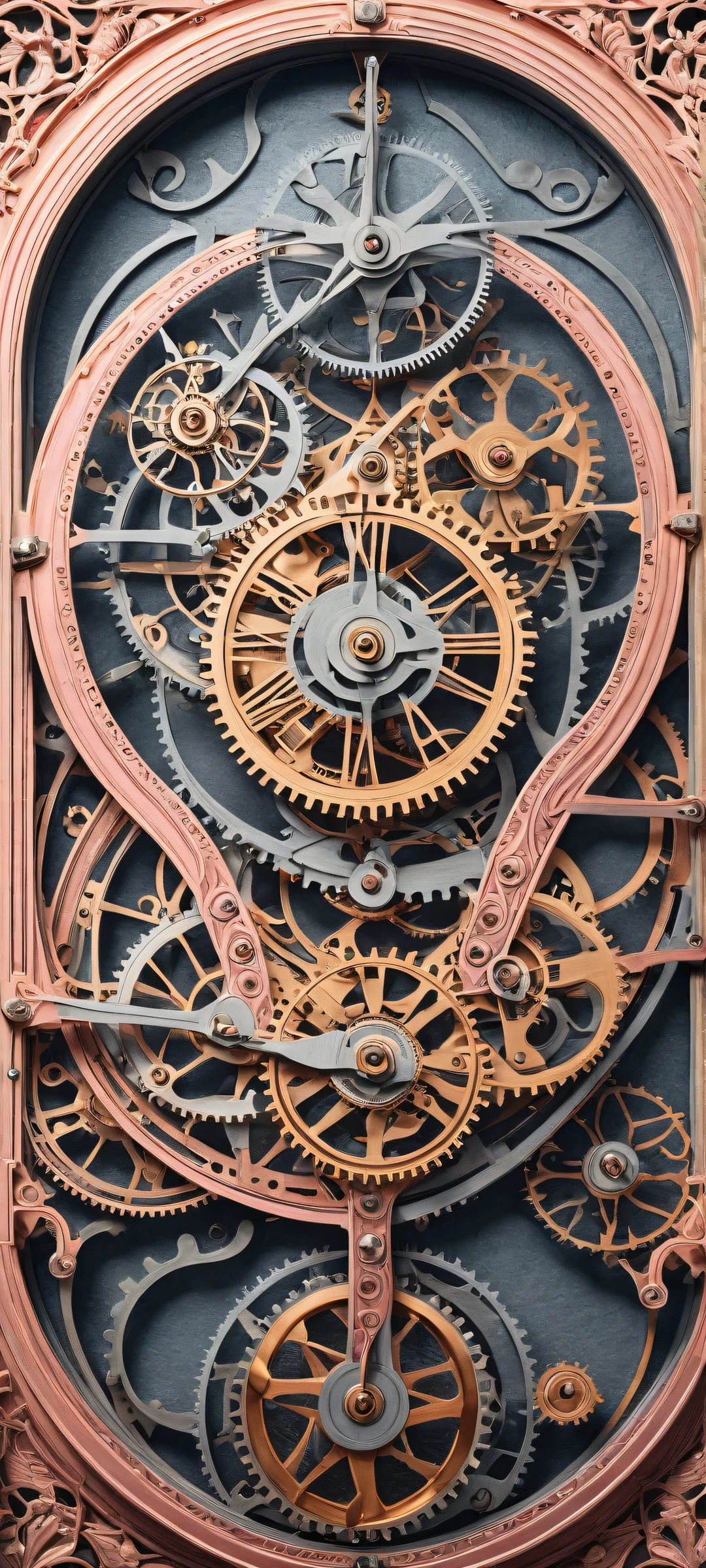 iPhone and Android users will love this breathtaking digital art featuring a whimsical clockwork mechanism set against a soft peach background with pastel pink and gentle blue hues.