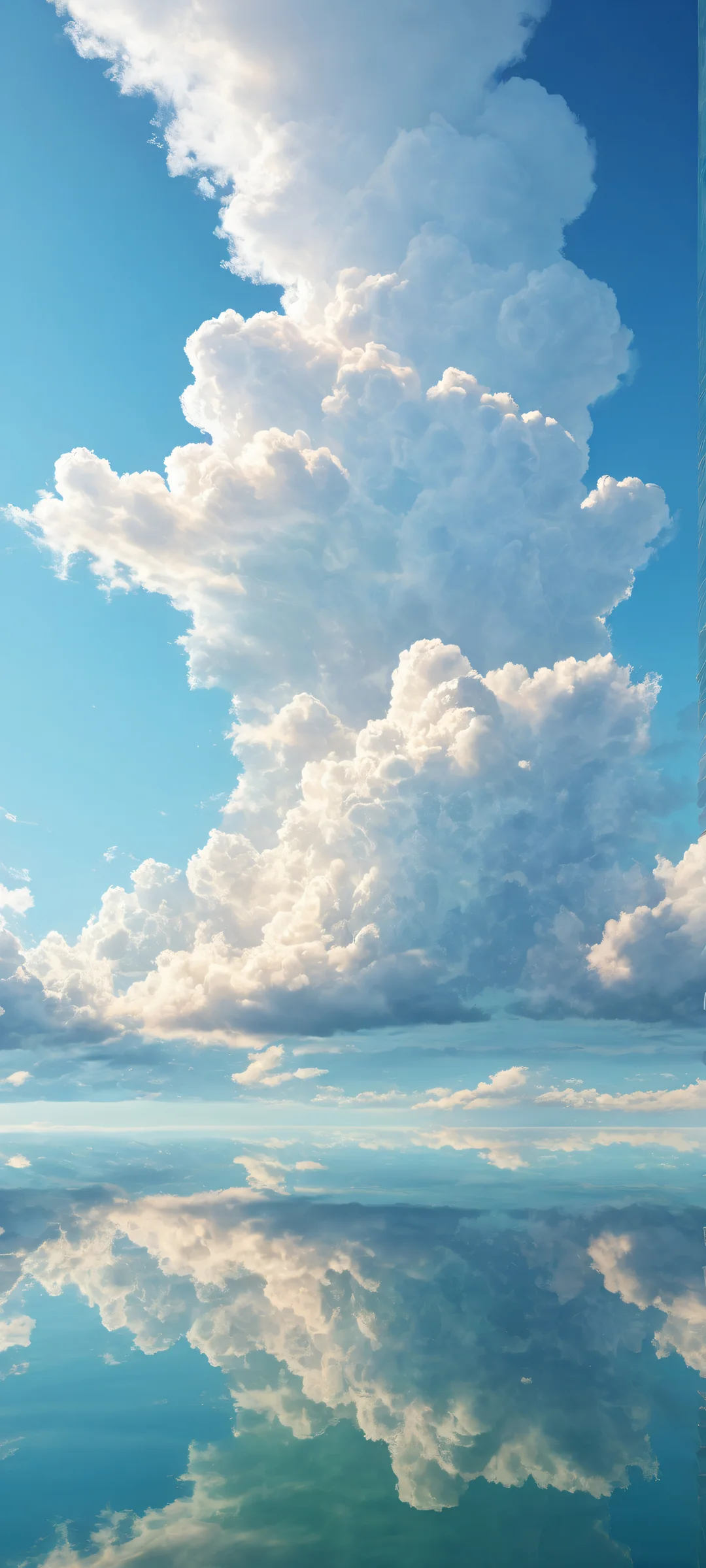 Ethereal Cloudscape Aesthetic Phone Wallpaper Cloud formations with intricate micro-details of water droplets and subtle wisps on a vast pure void, perfectly clean top half giving way to soft blue-green sky. iPhone/Android compatible.