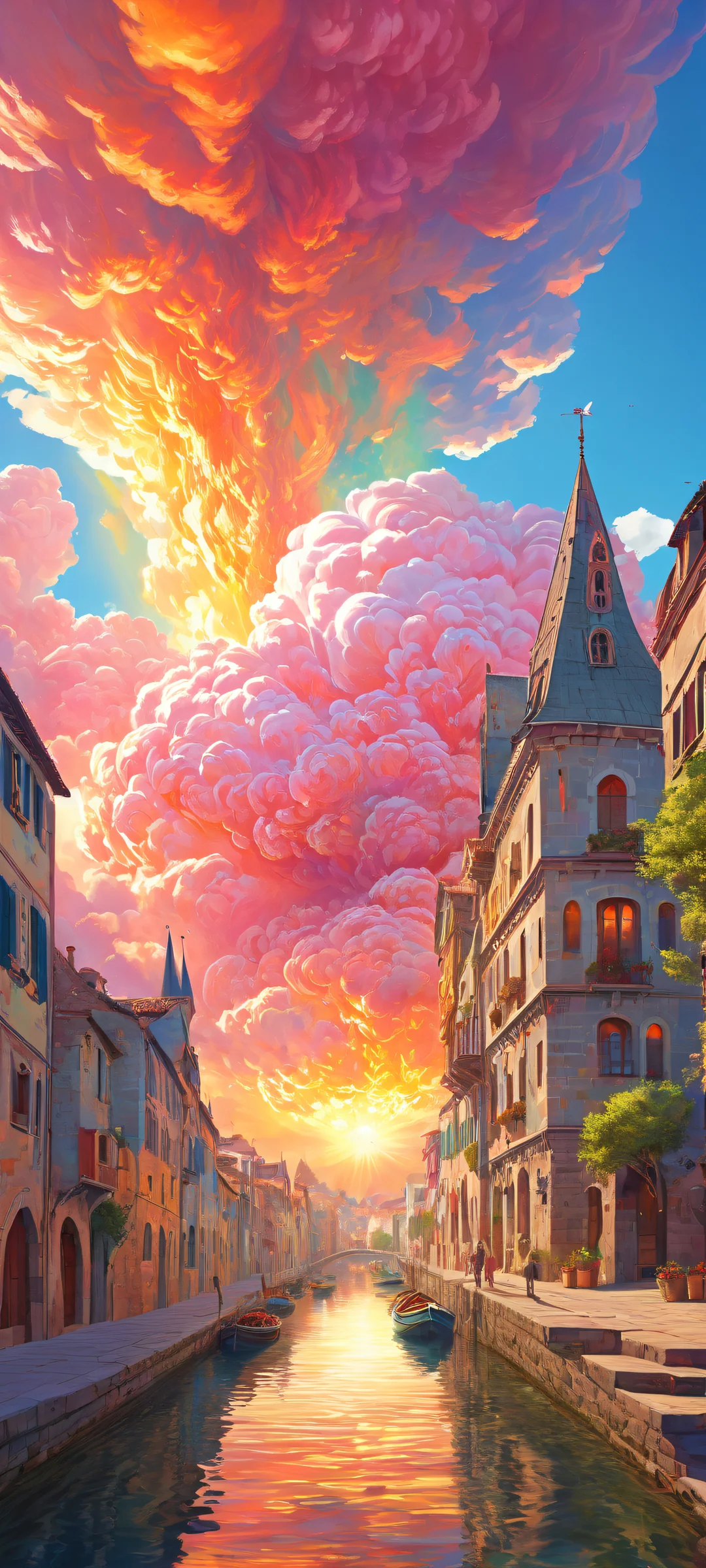 A vibrant abstract cloud formation on iPhone/Android with a medieval fantasy scene at its core, featuring knights, dragons, and mages rendered in painterly detail.