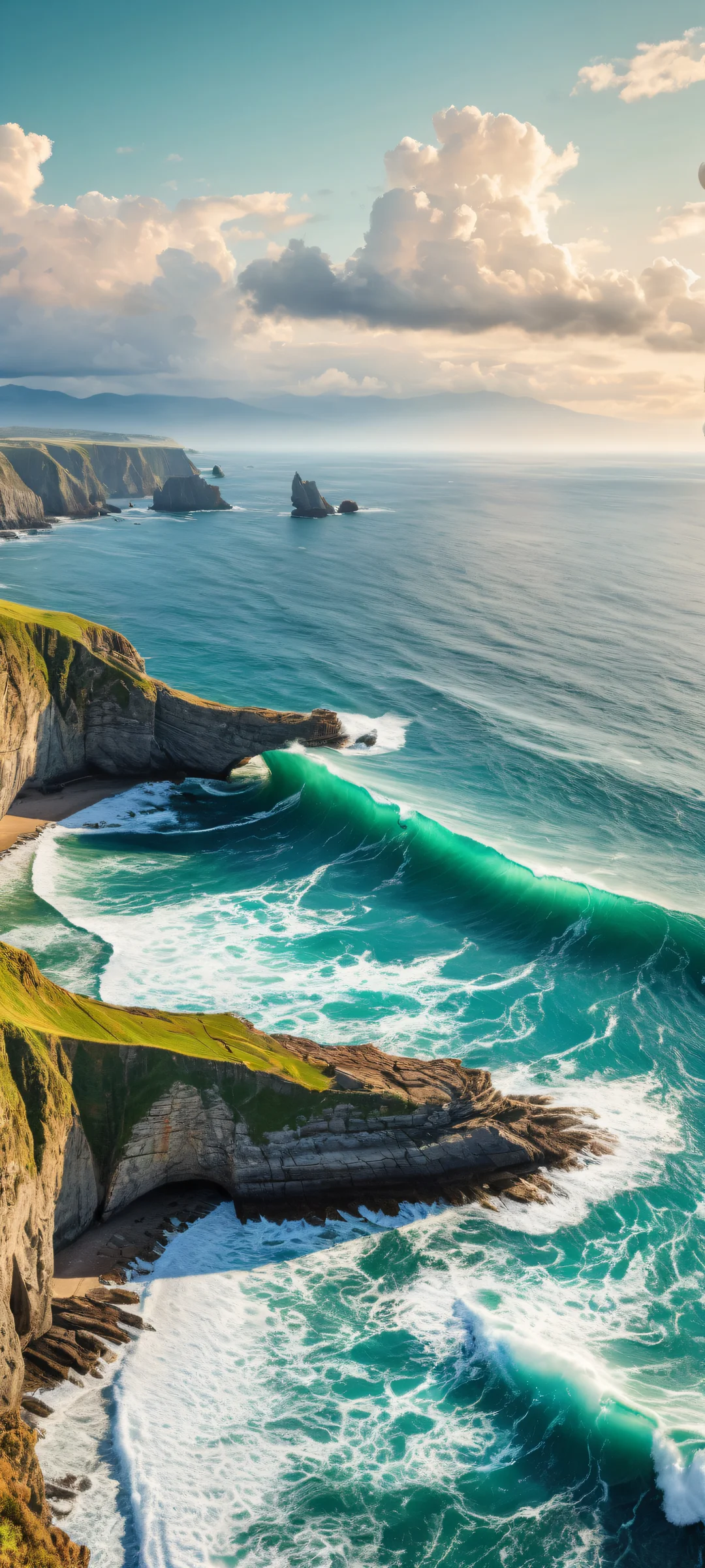 A stunning iPhone and Android mobile wallpaper featuring a breathtaking vertical portrait of seaside cliffs with intricate micro-details of waves and seaweed, set against a serene sea and cliff landscape.