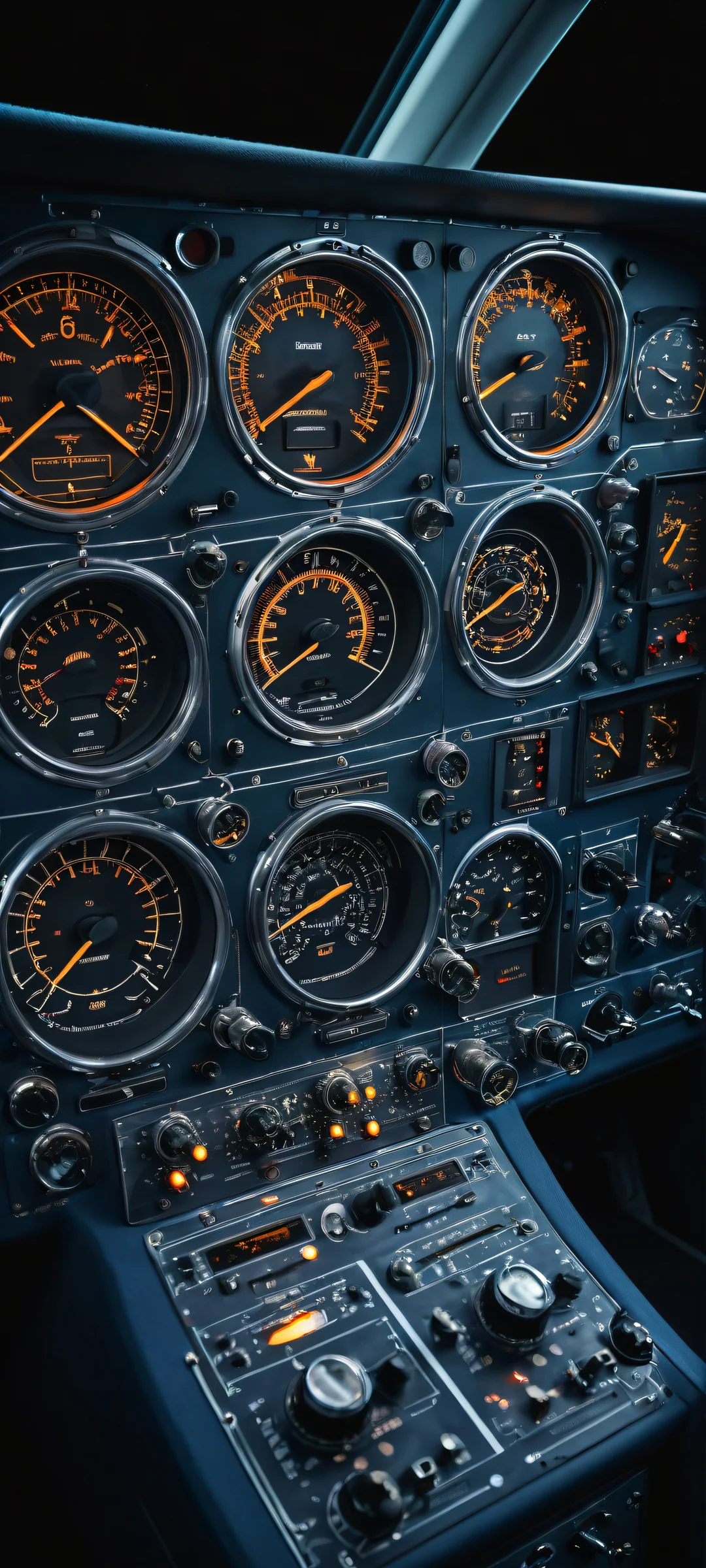 iPhone/Android wallpaper of an airplane instrument panel with glowing controls and a serene background, perfect for a home screen.